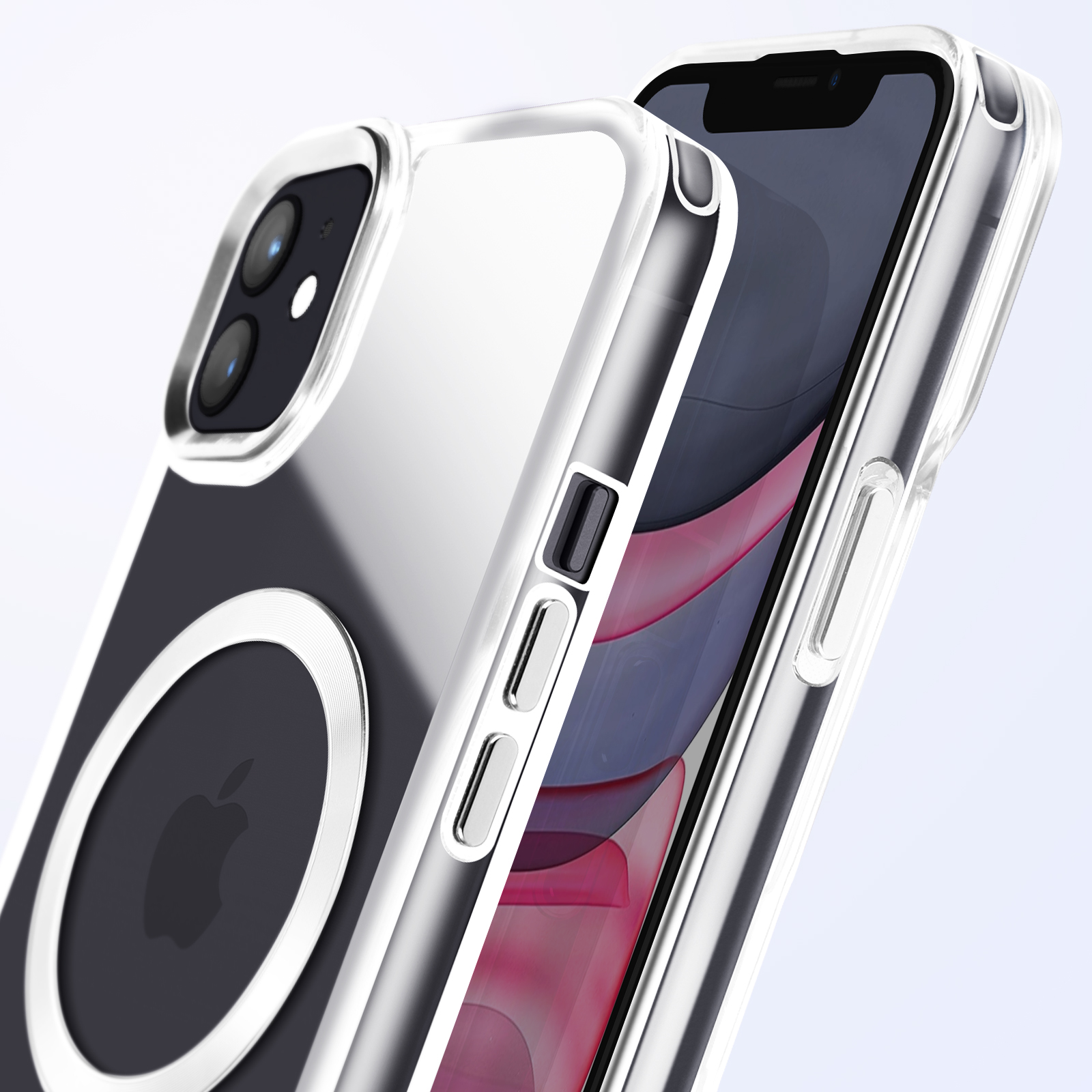 Custodia per telefono con telefono. È trasparente con un design e una cornice argentata.