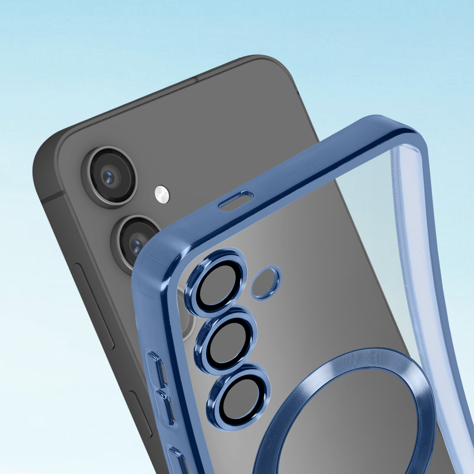 Telefono e custodia. La custodia è trasparente con cornice blu e fori per la fotocamera. Il telefono è grigio.