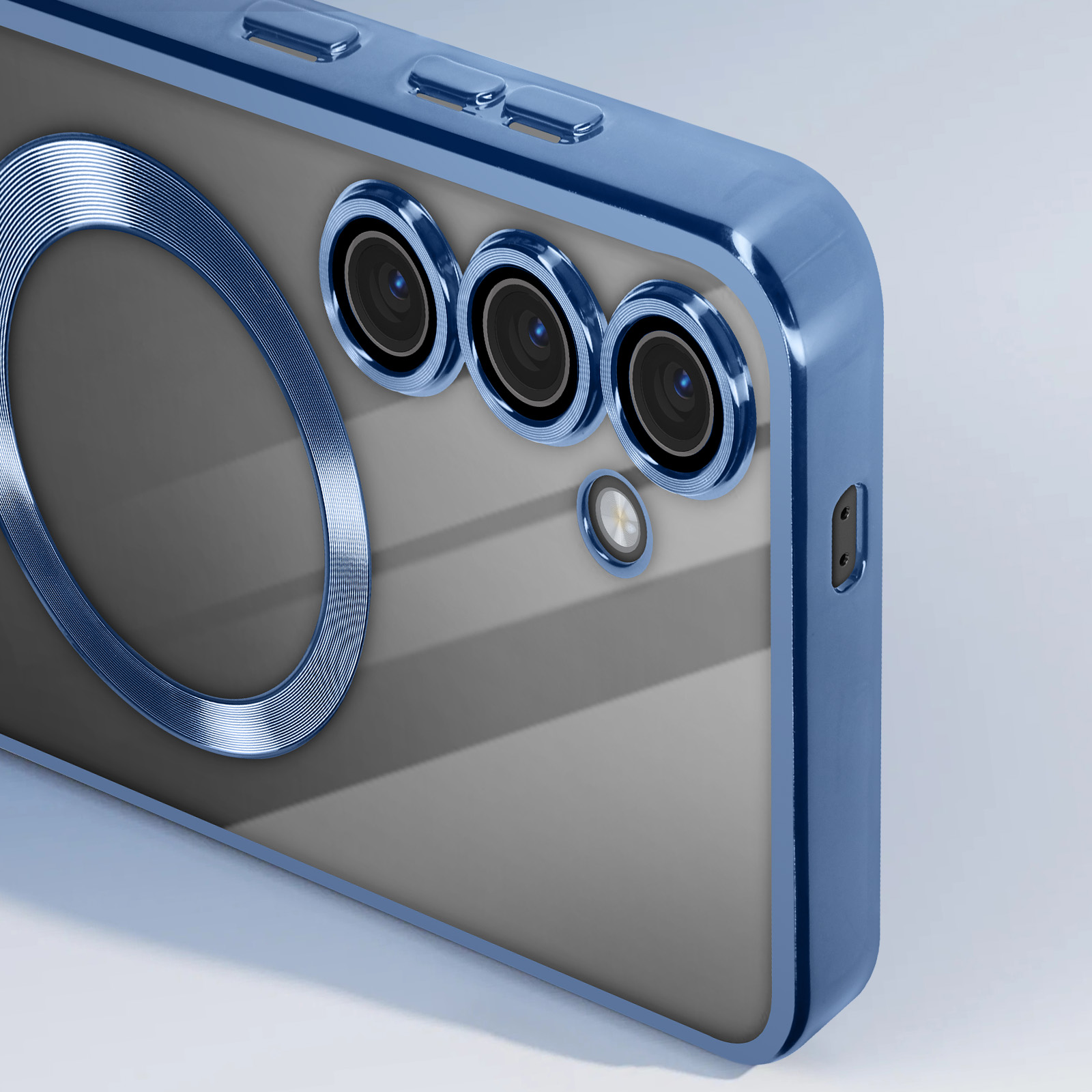 Custodia blu per telefono su telefono. La custodia ha un bordo blu e un anello magnetico. Il retro del telefono è visibile.