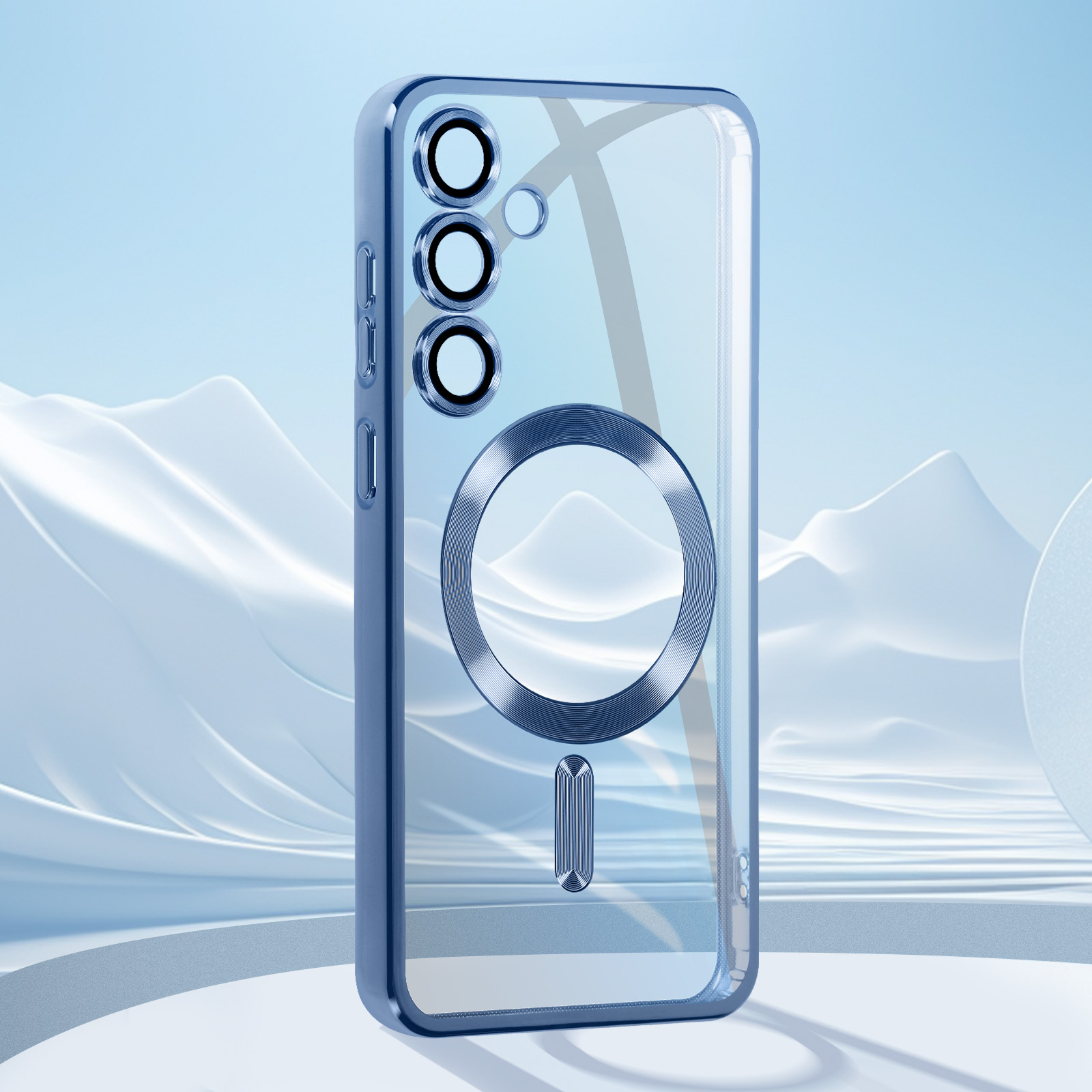 Custodia trasparente per telefono con tre fotocamere e un anello magnetico sul retro. Lo sfondo è una sfumatura blu.