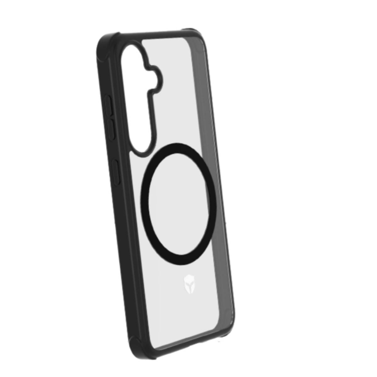 Custodia trasparente con cornice nera e anello MagSafe. Sfondo bianco.