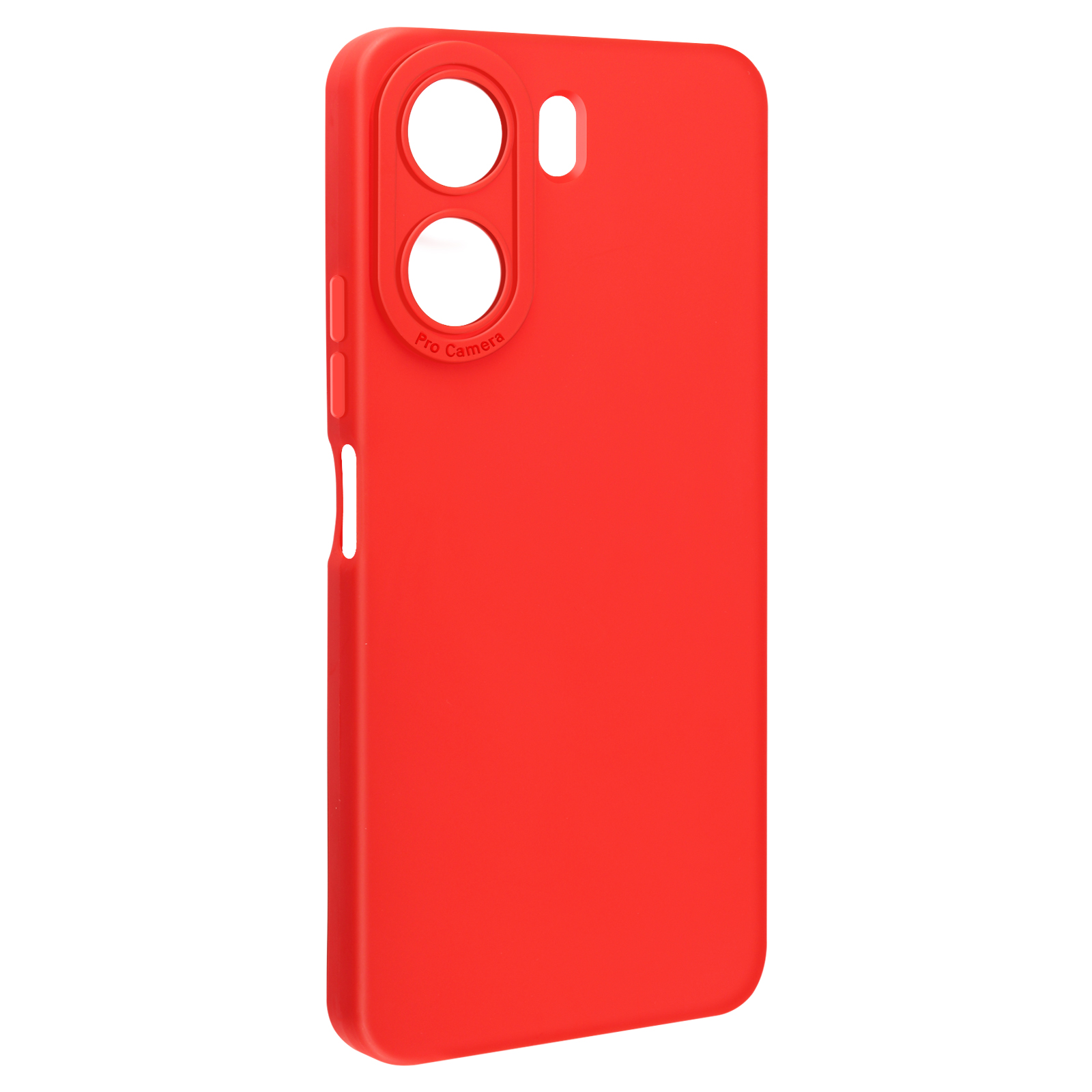 Custodia rossa con fori per la fotocamera. Testo Pro Camera. Sfondo bianco.