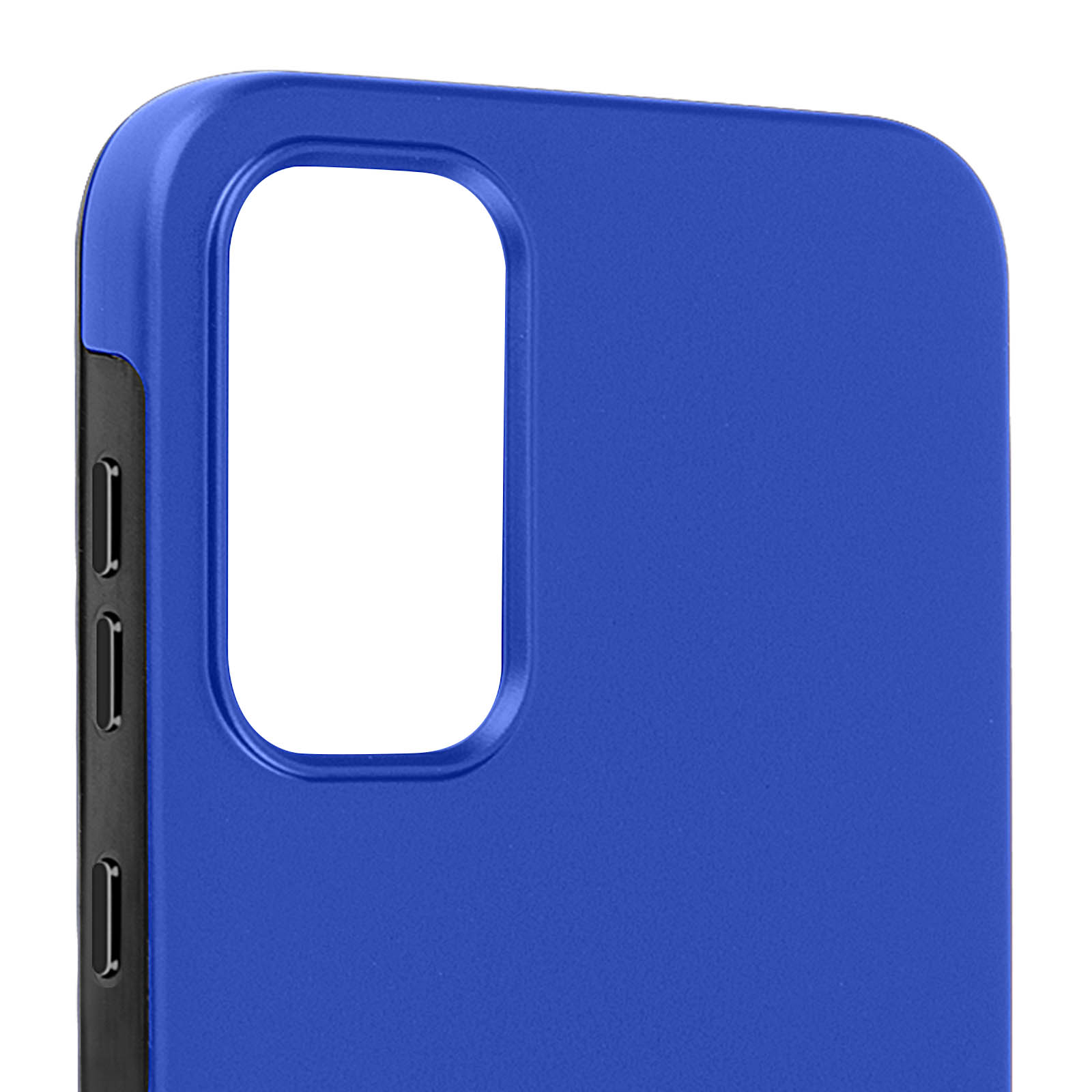 Blaue Handyhülle. Die Hülle ist blau mit schwarzen Rändern. Die Kamera ist sichtbar.