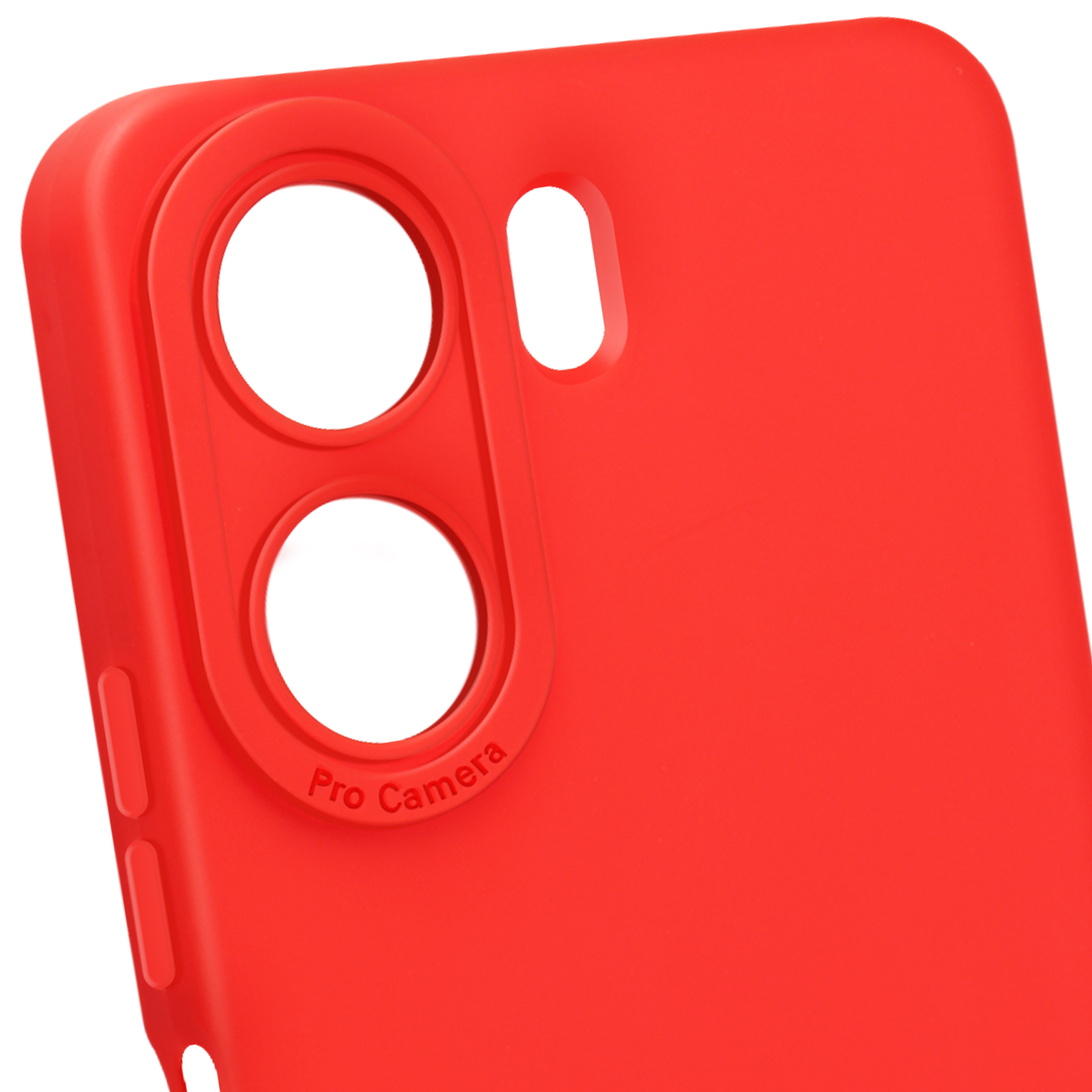 Una custodia rossa per telefono con due ritagli per la fotocamera. La custodia è rossa con un'etichetta Pro Camera.