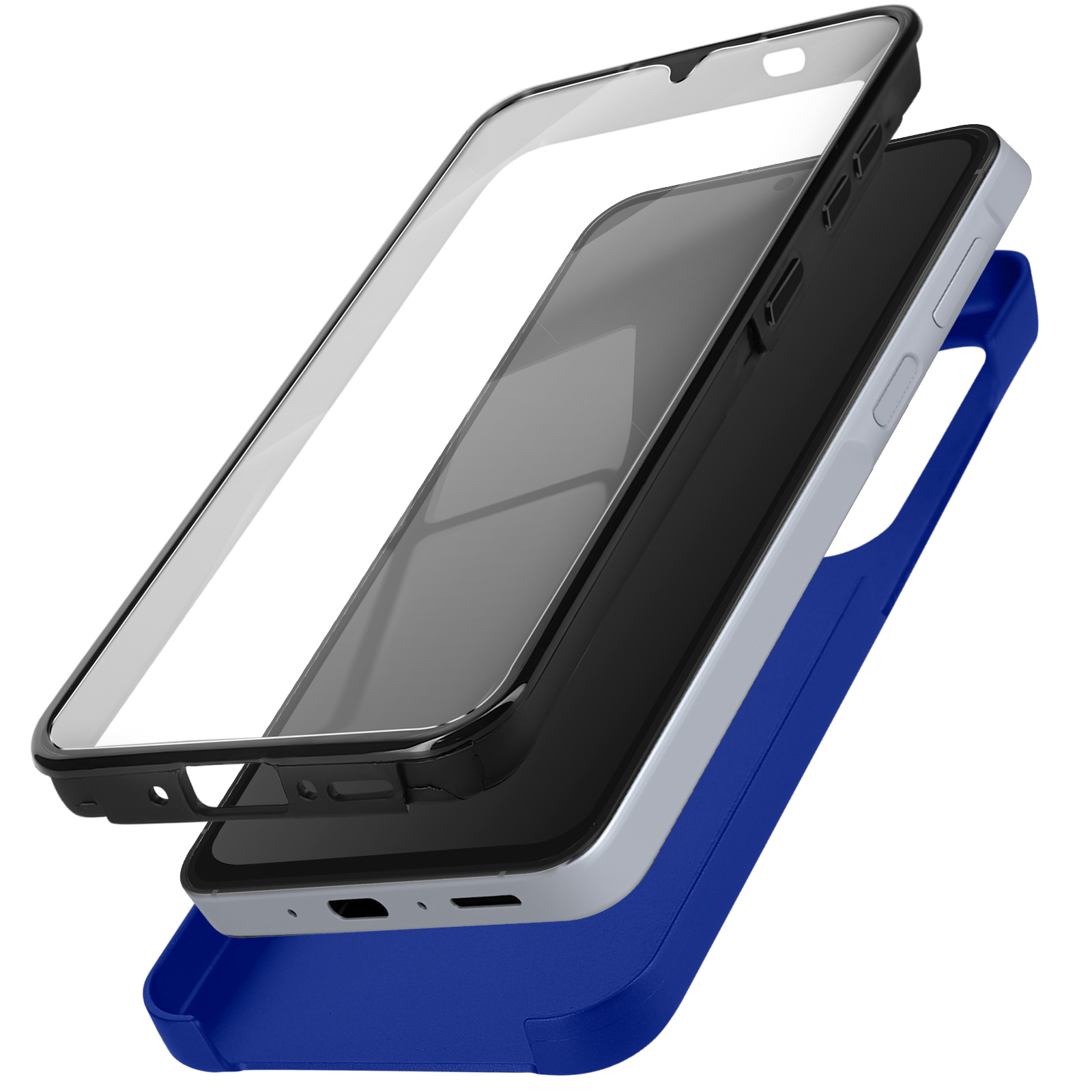 Handyhülle mit Schichten; blaue Basis, schwarzes Telefon und transparente obere Hülle.