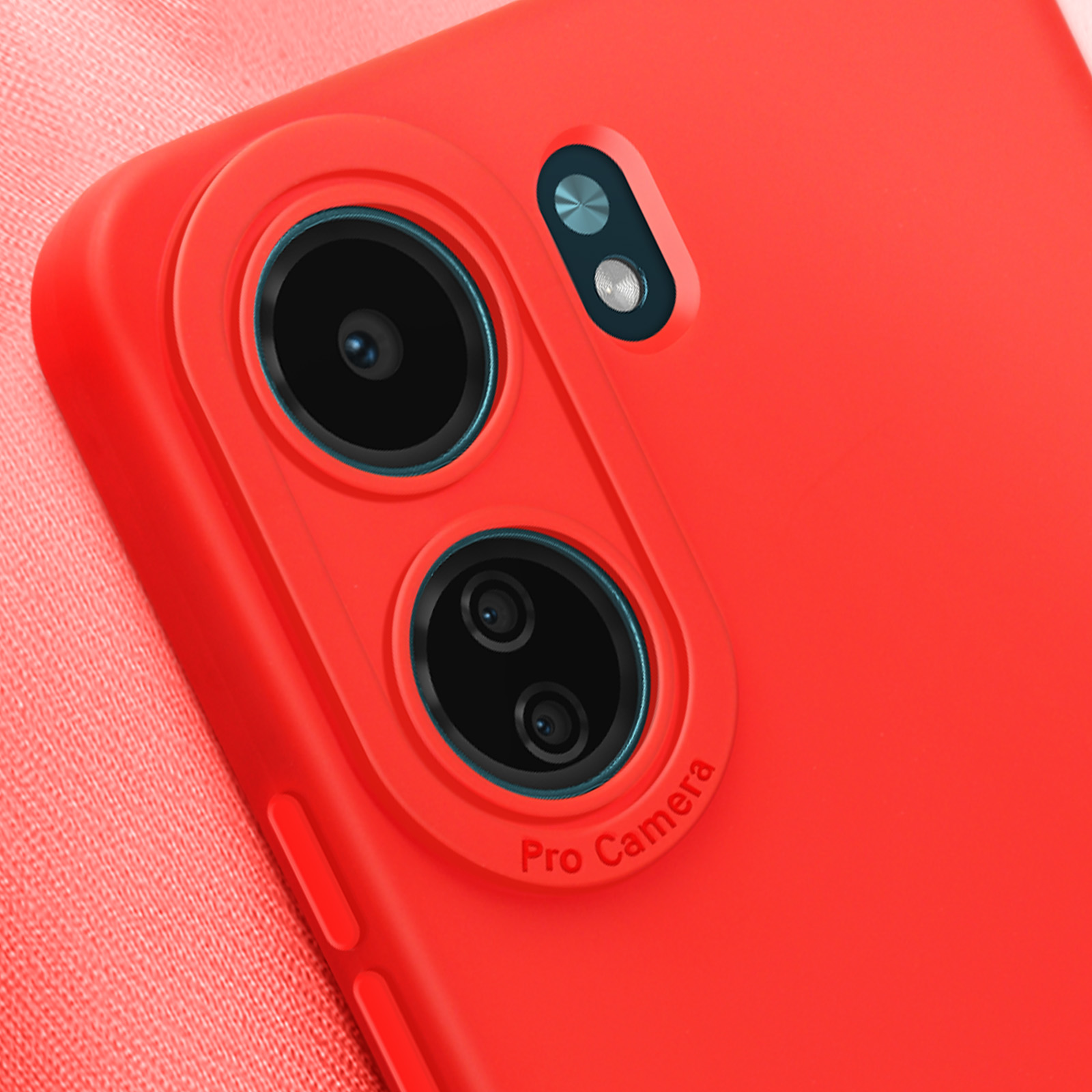 Primo piano di una custodia rossa. La custodia ha un'area rialzata con due fotocamere e un flash.