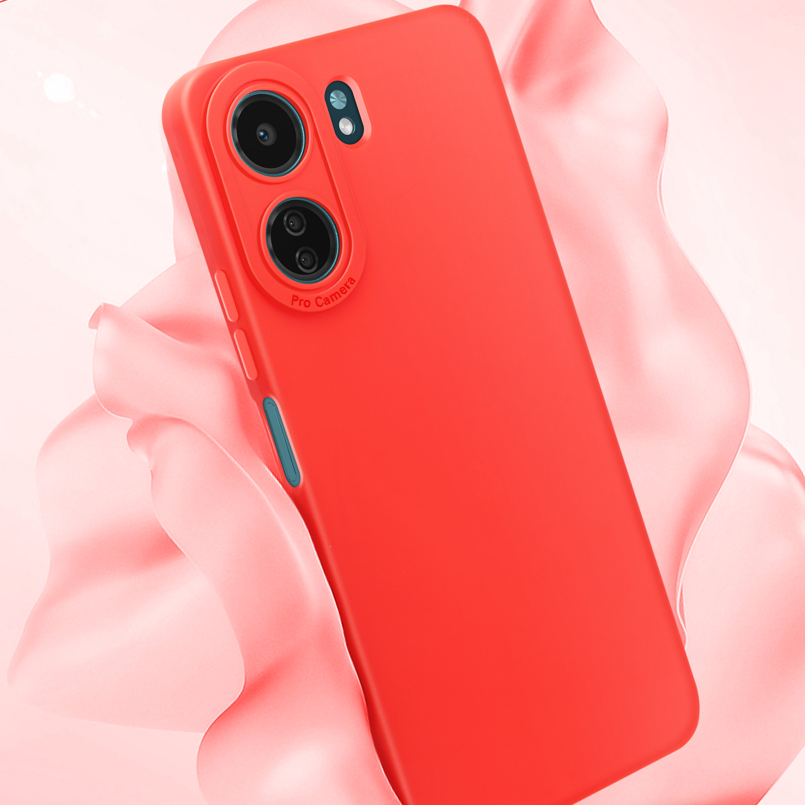 Custodia rossa per telefono con telefono all'interno, due fotocamere e un'etichetta 'Pro Camera'.