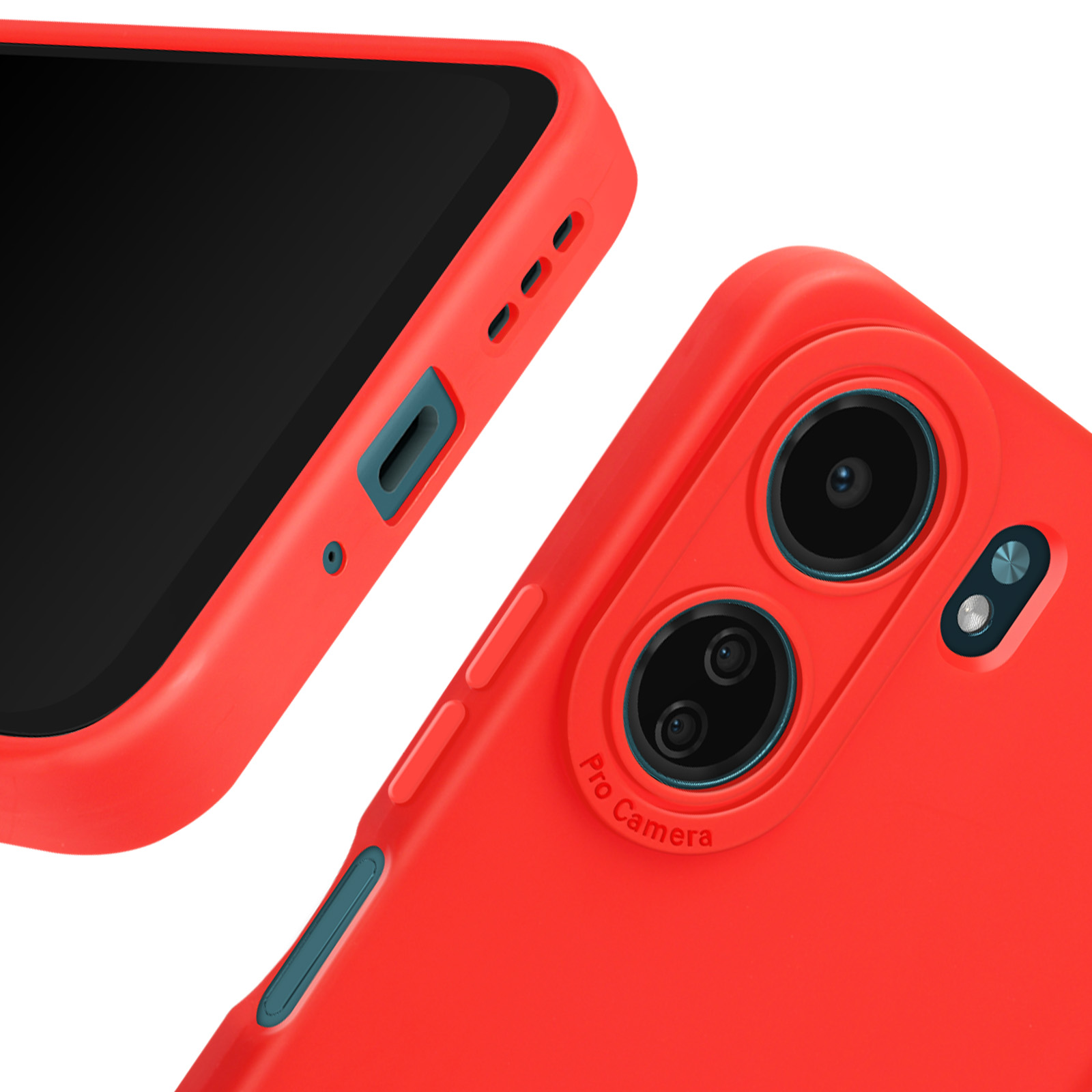 Custodia rossa per telefono con obiettivo. Primo piano.