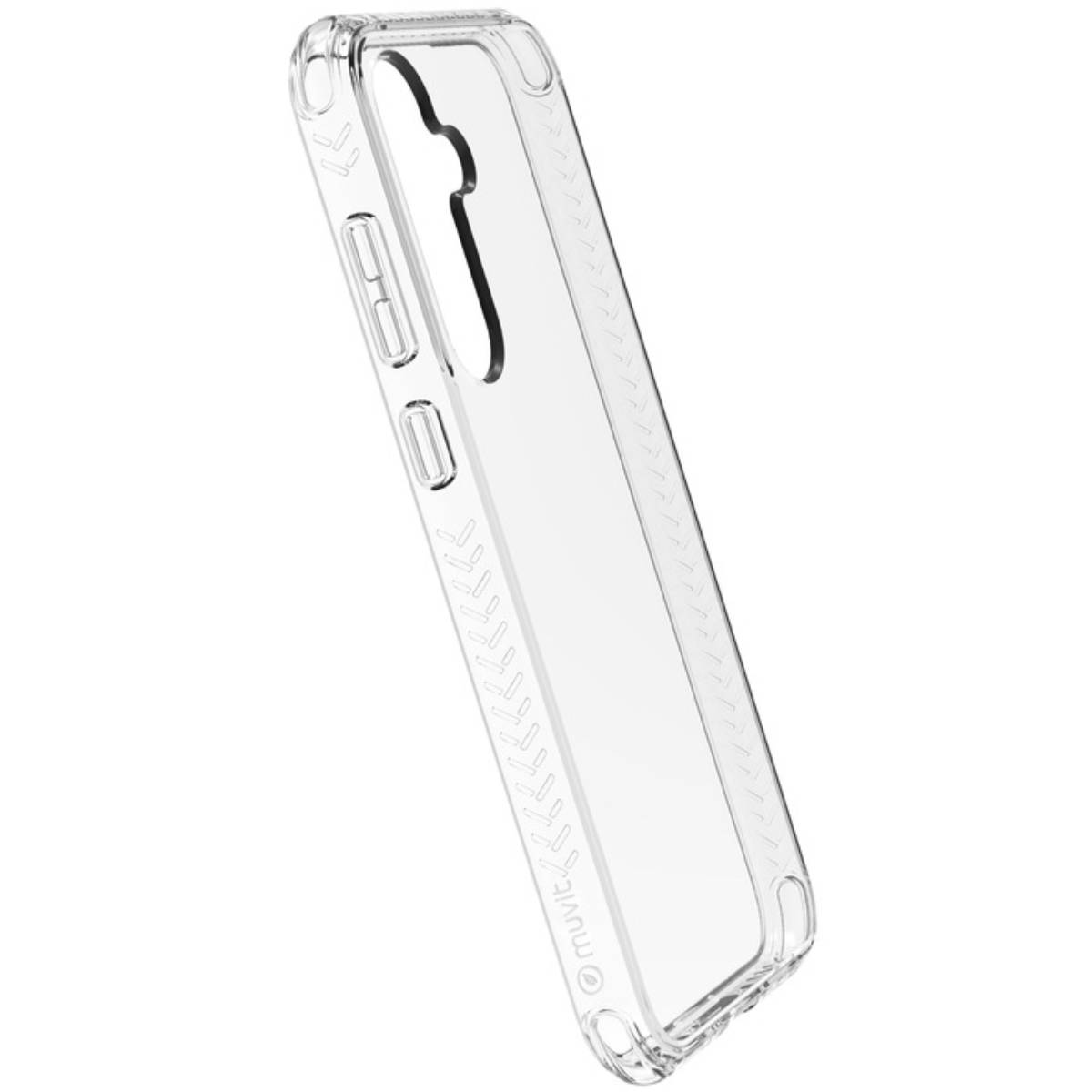 Custodia trasparente per telefono con un design a motivi. La custodia è trasparente.