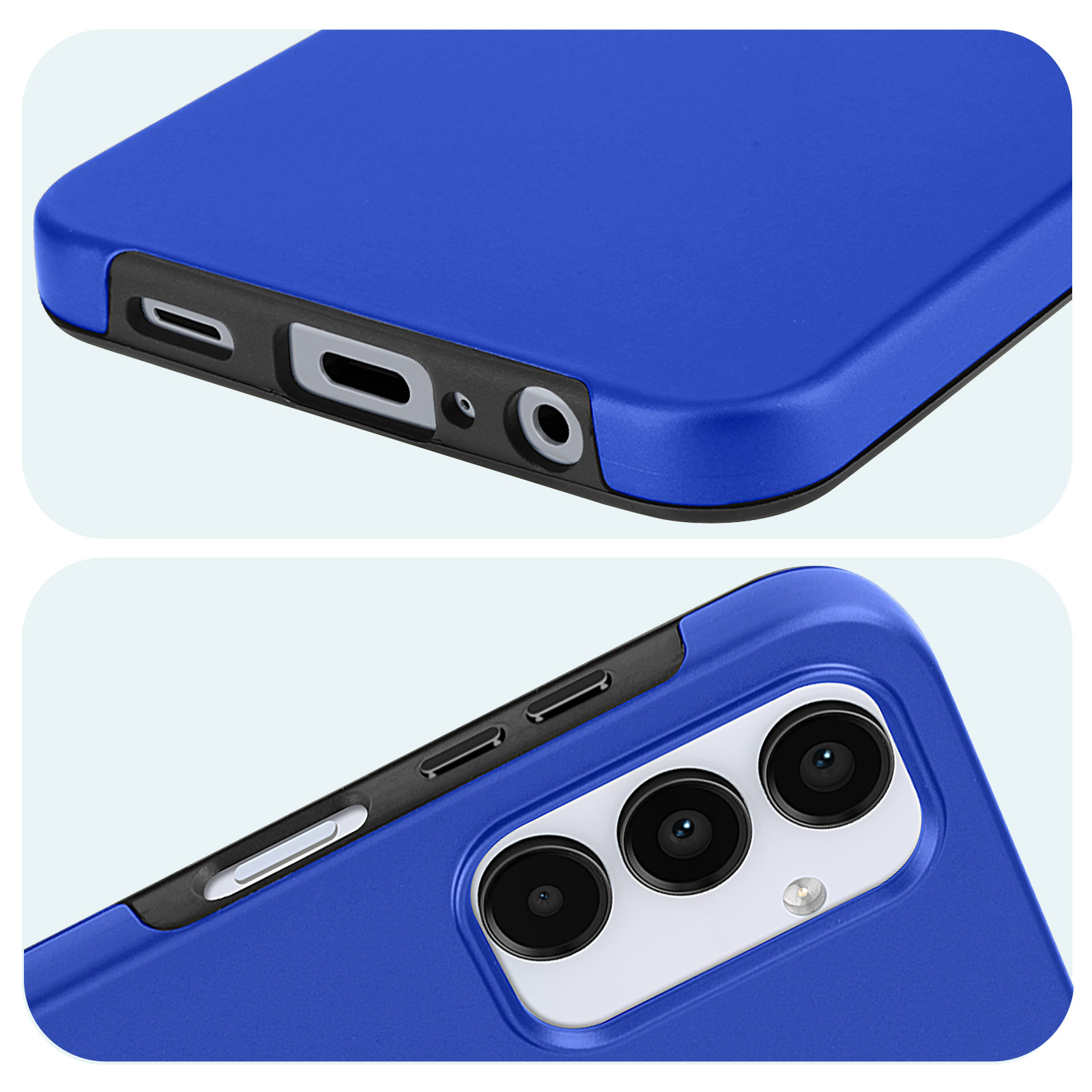 Primo piano di una custodia blu per telefono con ritagli per porte e obiettivi della fotocamera. Accenti neri visibili.