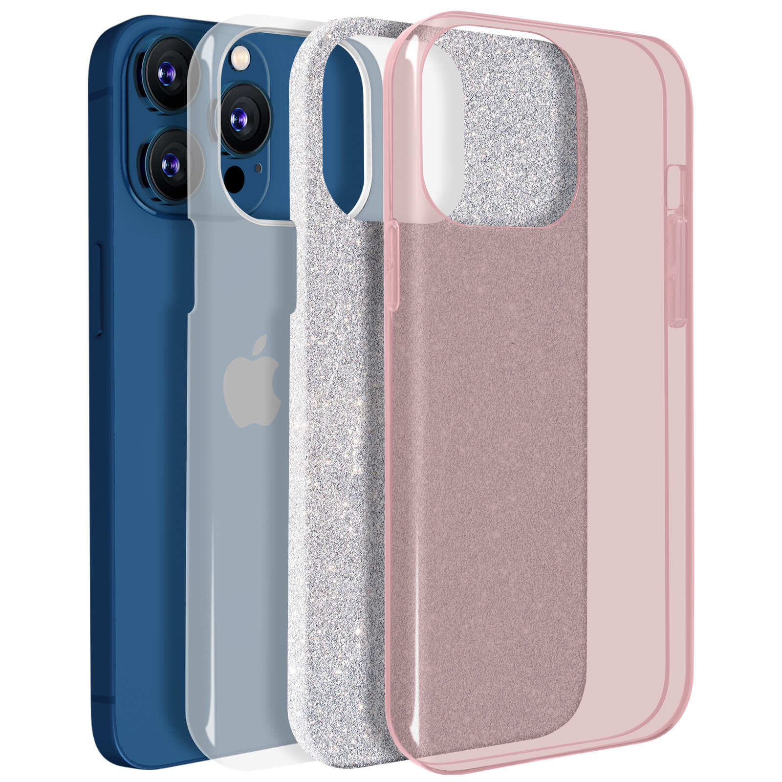 Quattro custodie per telefono. Blu, trasparente, glitter argentato e rosa. Schienali diversi. Le fotocamere del telefono sono visibili.