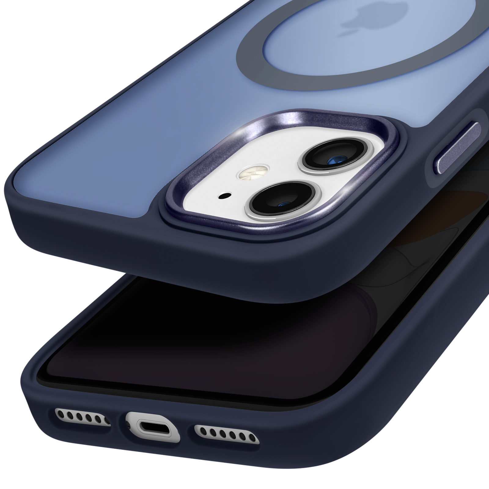 Due custodie per telefono, una blu scuro, una trasparente, che mostrano la fotocamera del telefono.