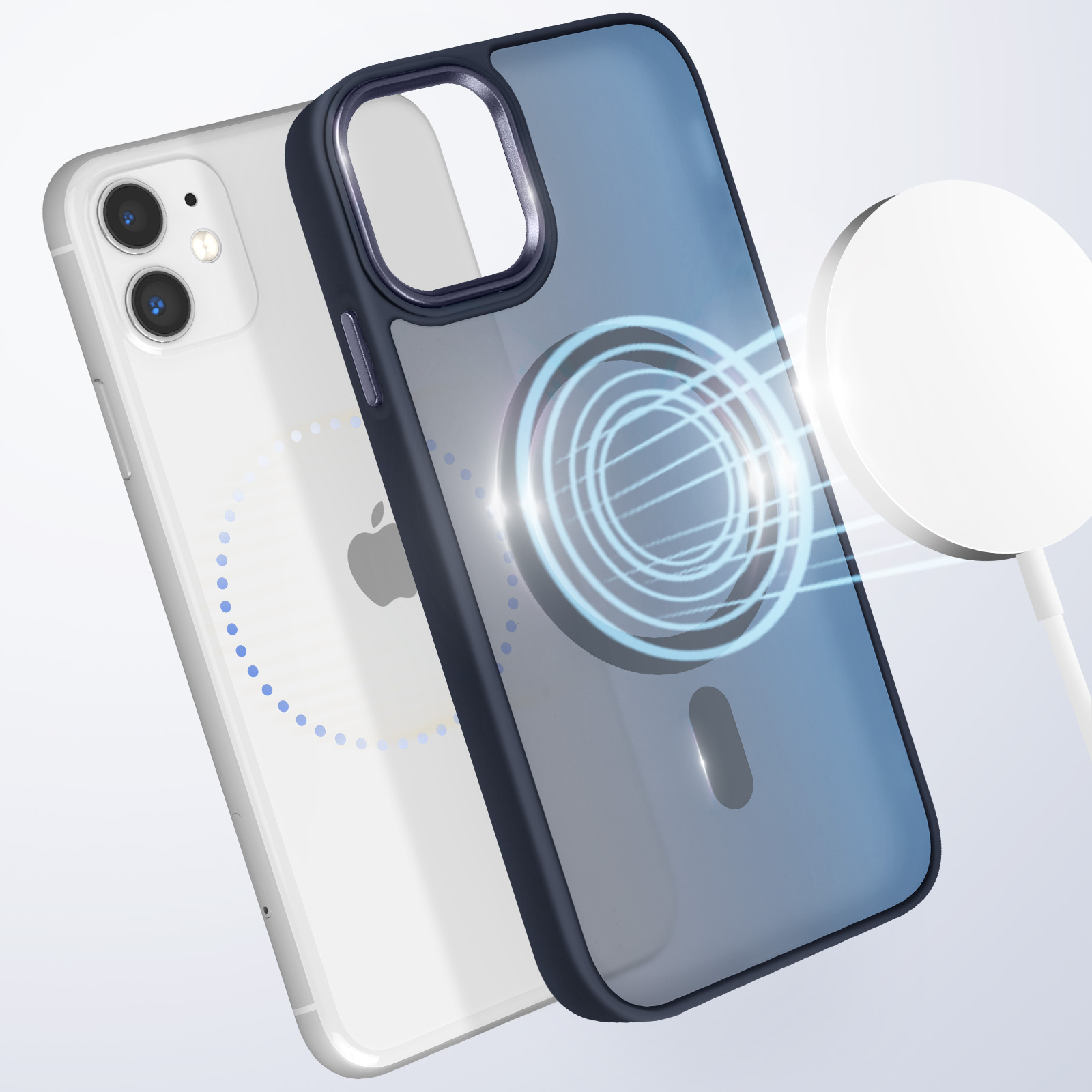 Un telefono con una custodia blu vicino a un caricabatterie wireless. Il caricabatterie ha un disco bianco.
