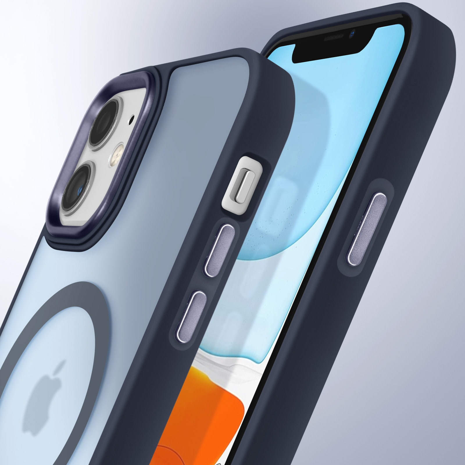 Telefono con custodia blu, retro trasparente e anello MagSafe visibile. Il telefono ha una cornice blu.