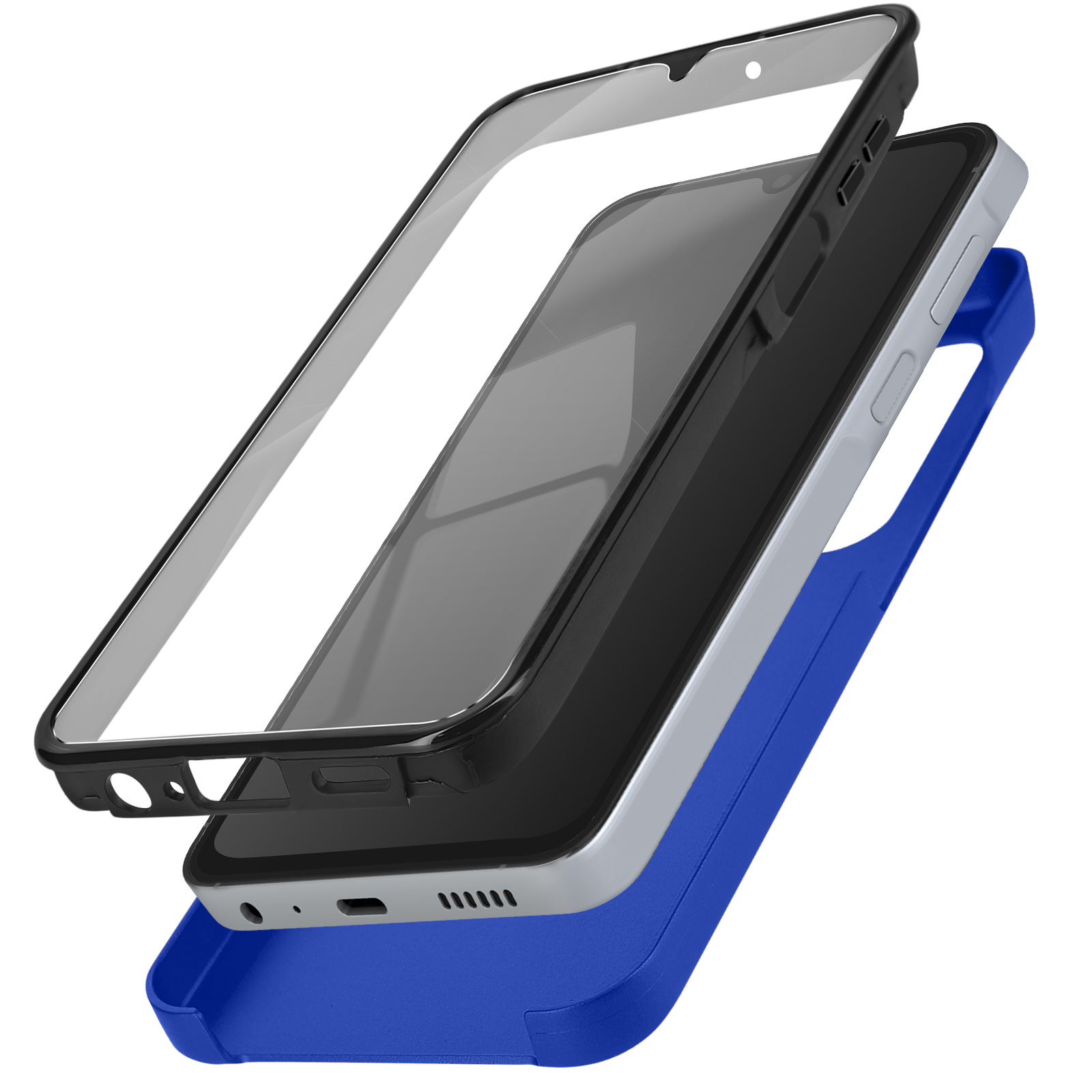 Custodia per telefono a strati: base blu, telefono nero e custodia superiore trasparente.