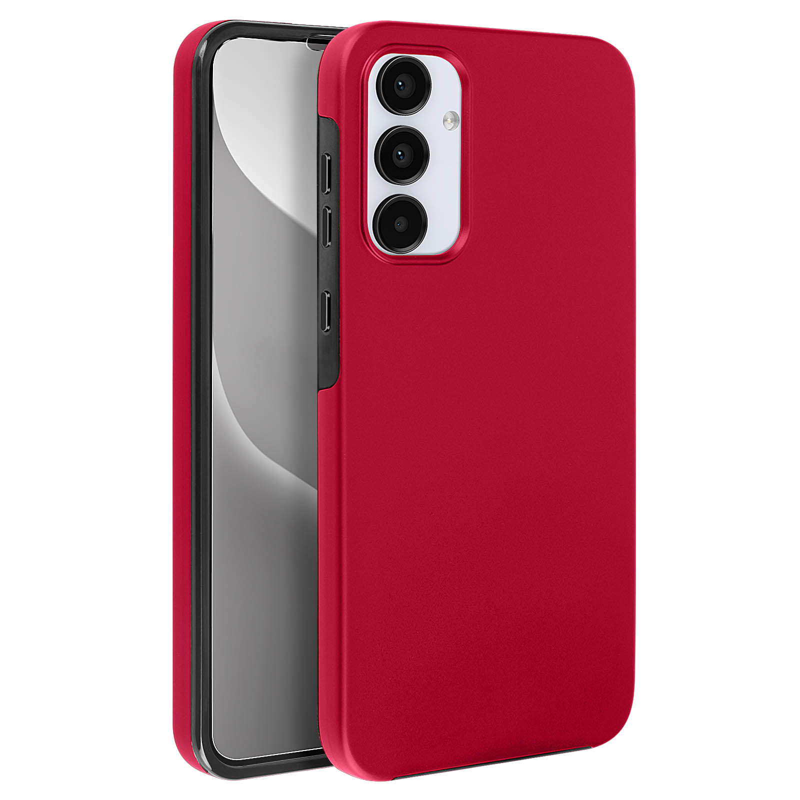 Custodia rossa per telefono con tre lenti e cornice nera. Sfondo bianco.
