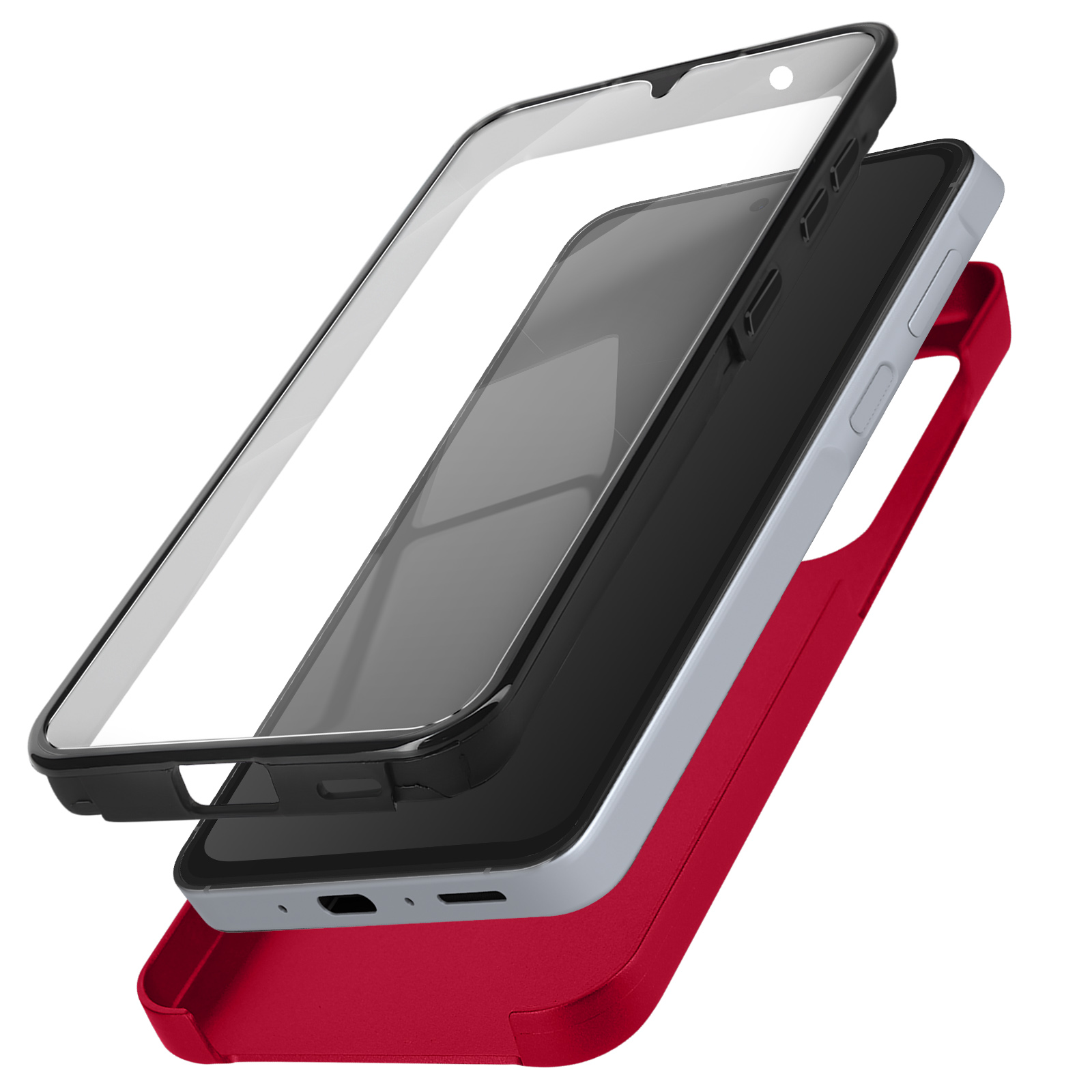 Telefono con custodia rossa, protezione schermo e vista esplosa degli strati del telefono.