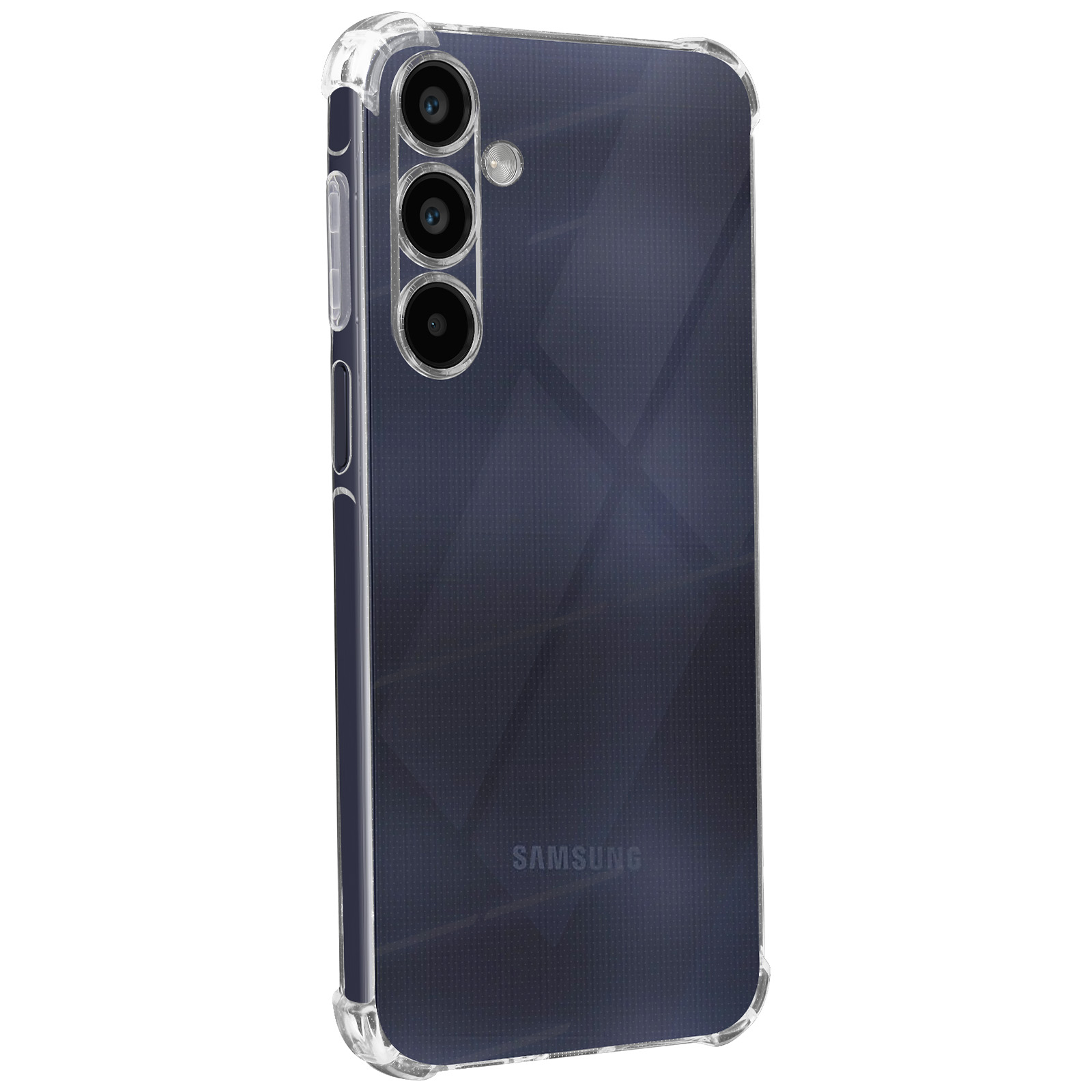 Transparente Handyhülle auf dunkelblauem Hintergrund mit Kameras und Samsung Logo.