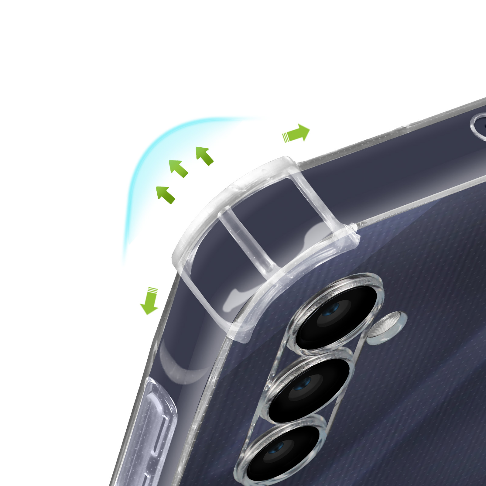 Eine transparente Handyhülle mit Kameraerhöhung. Grüne Pfeile zeigen das Eckenschutzdesign.