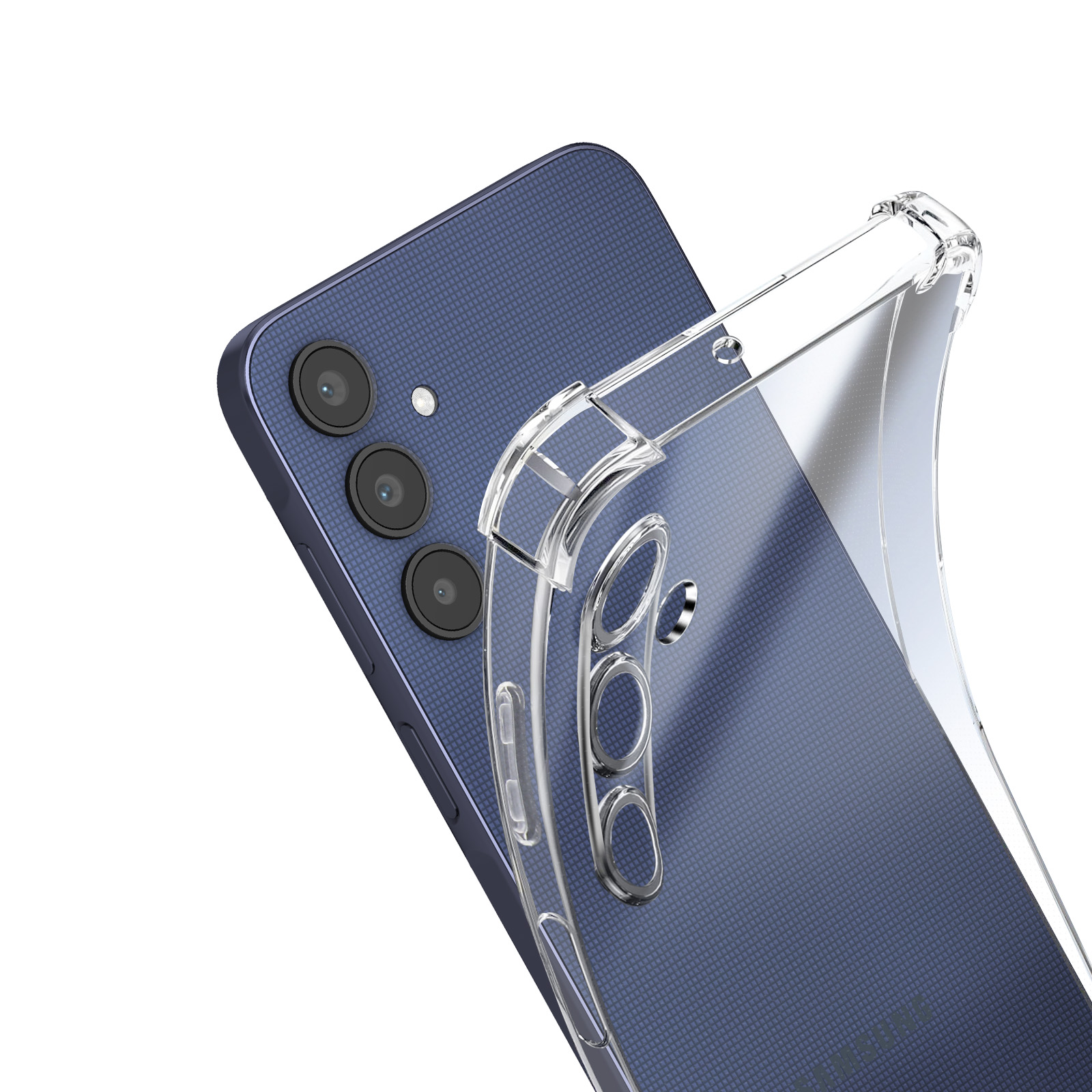 Ein Telefon mit drei Kameras in einer durchsichtigen Hülle. Die Rückseite des Telefons ist dunkelblau.