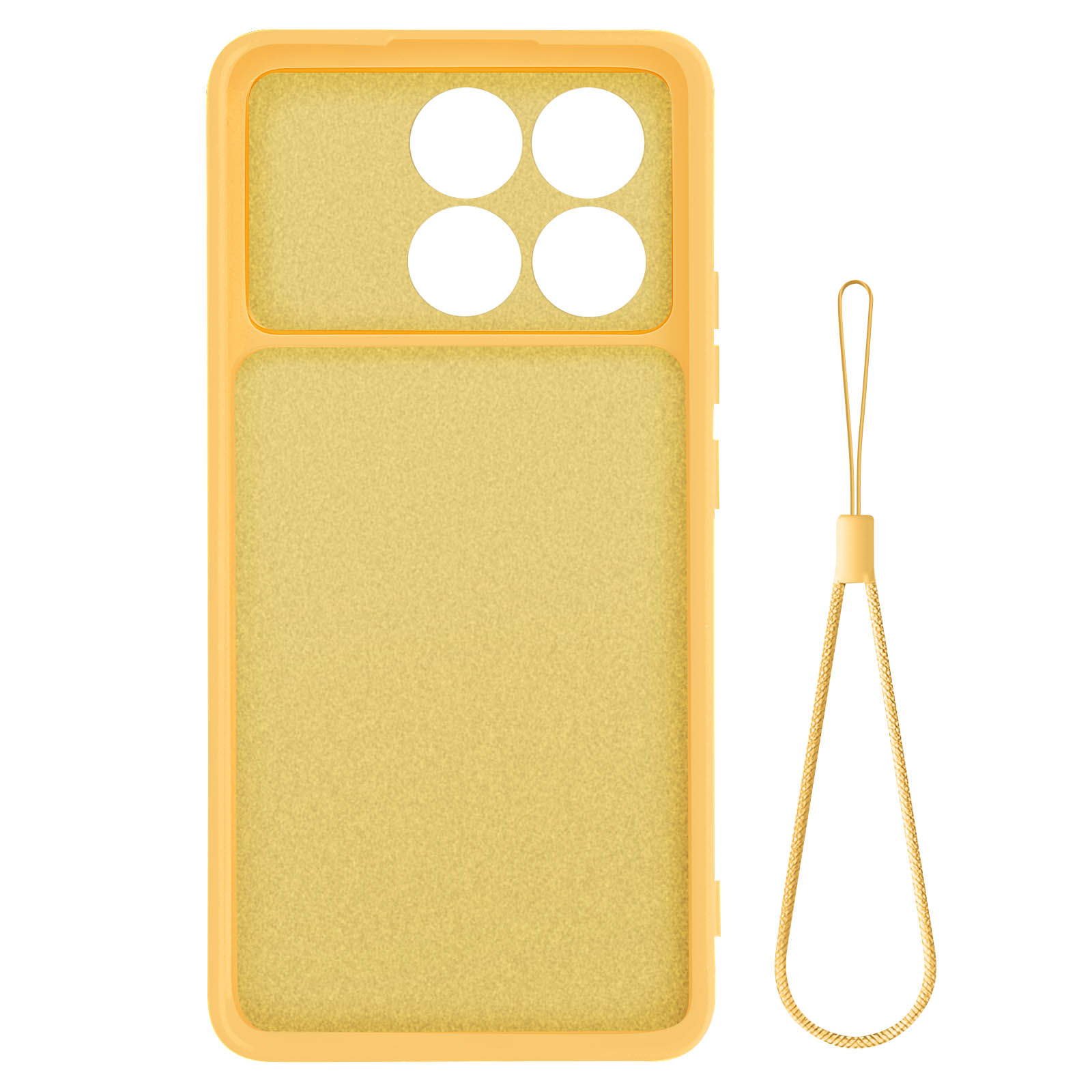 Custodia per telefono gialla con ritagli per fotocamera e cinturino giallo su sfondo bianco.