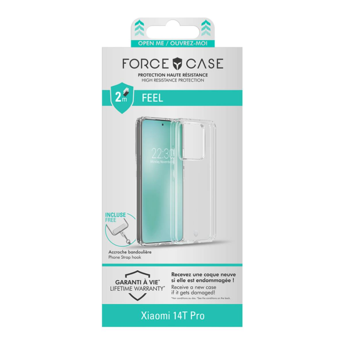 Scatola per una custodia per telefono, con testo "FORCE CASE" e immagine del telefono.