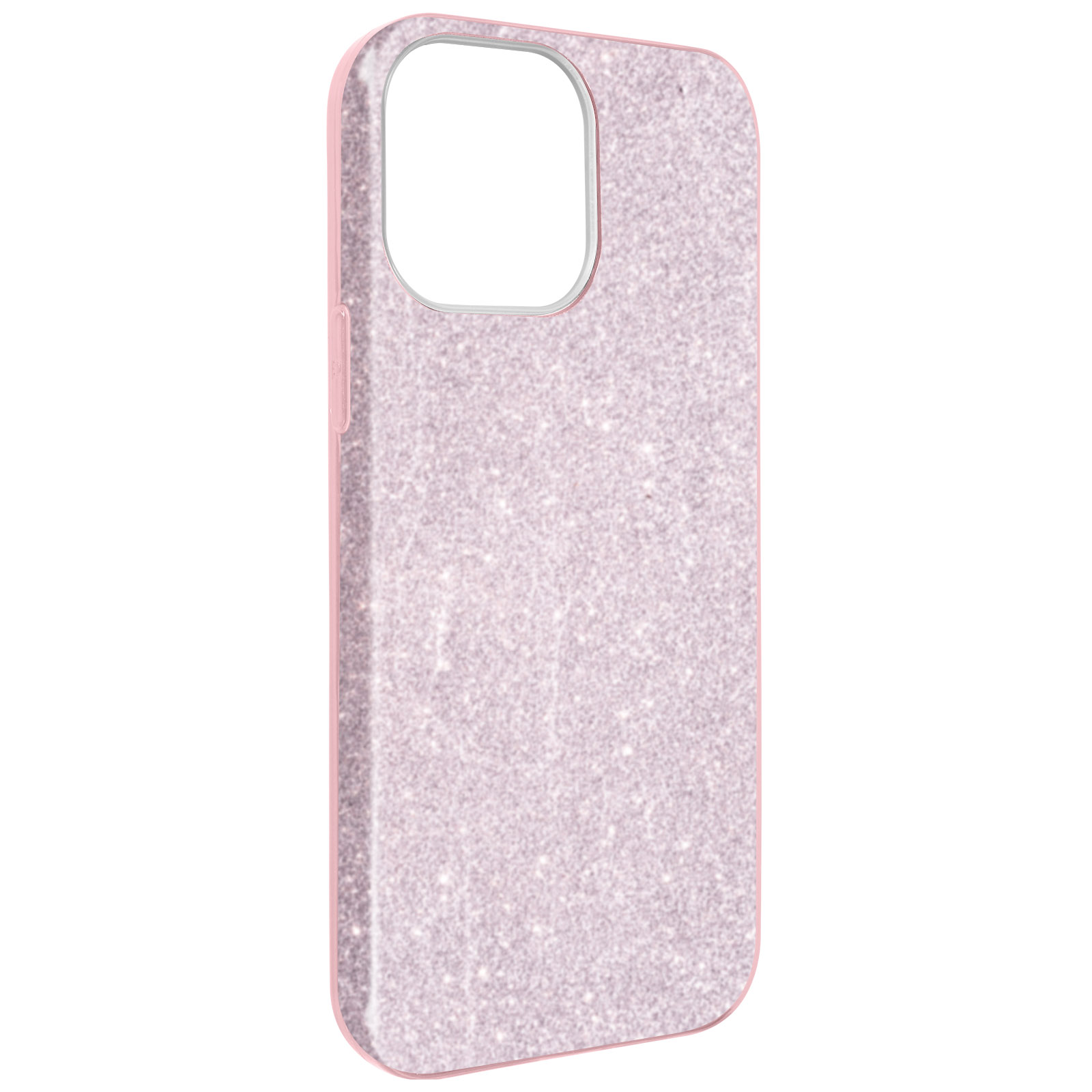 Custodia rosa glitterata con ritaglio per fotocamera, su una superficie bianca.