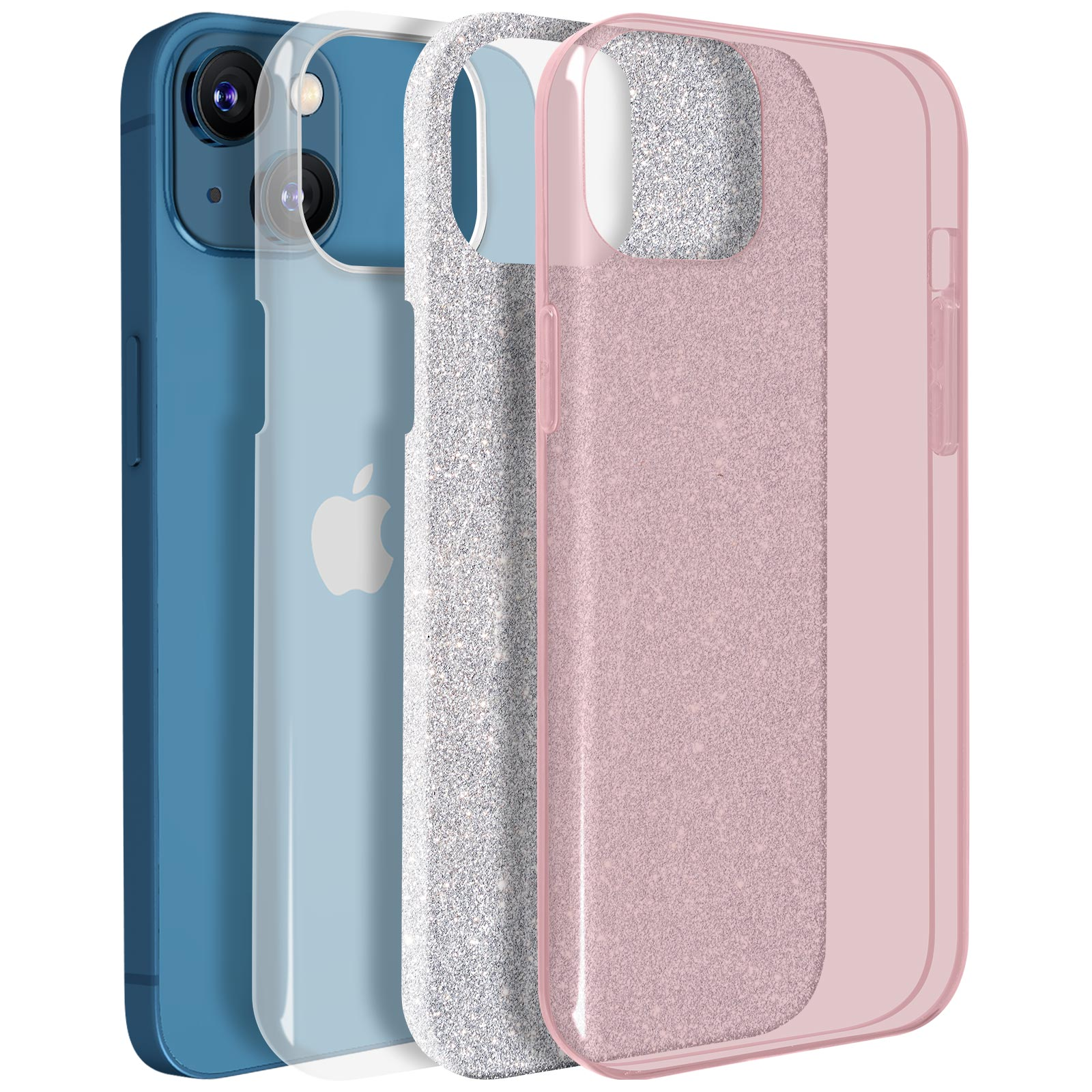 Quattro custodie: blu, azzurro con mela bianca, glitter argento e rosa trasparente.