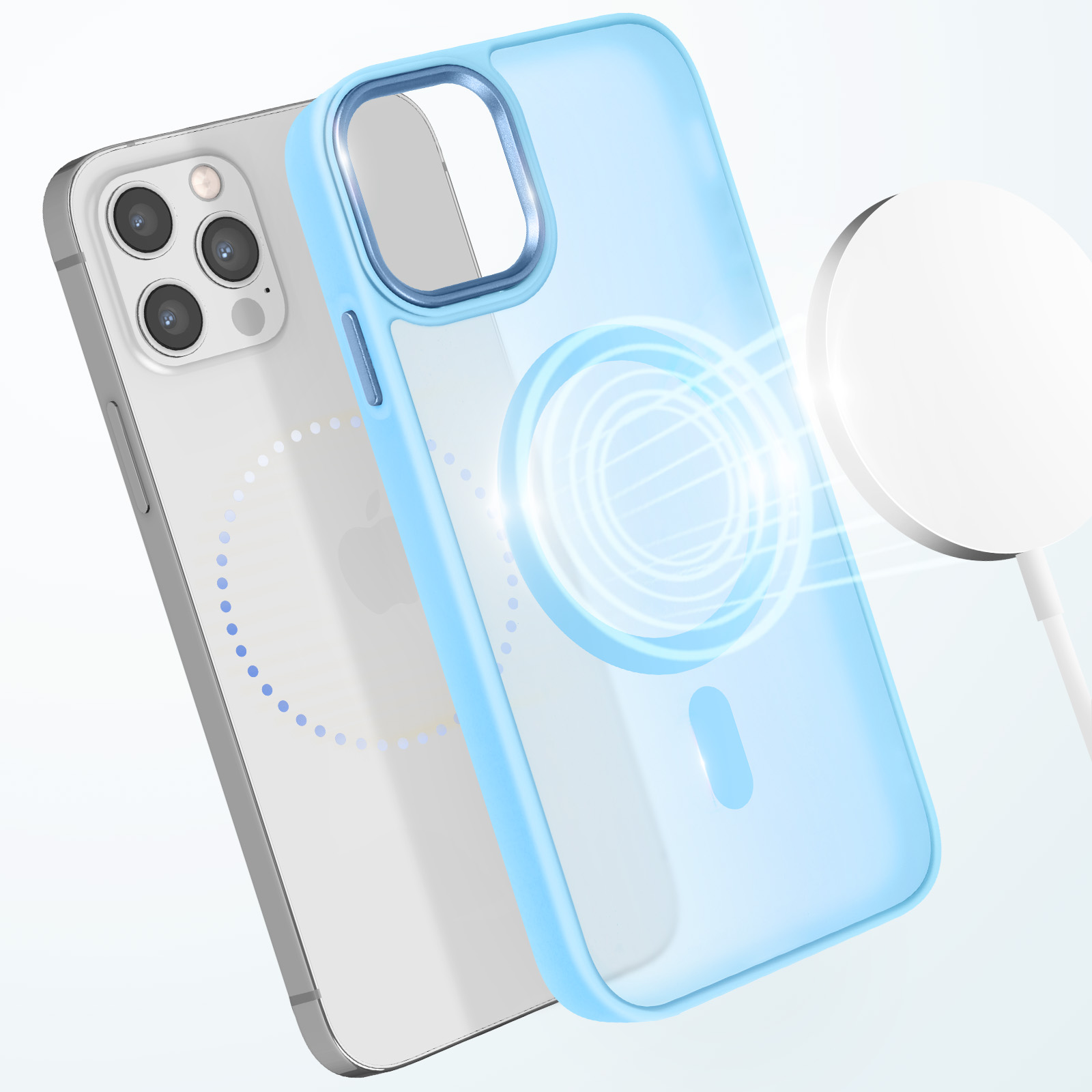 Custodia blu per telefono con un telefono dietro. Un caricatore bianco è visibile a destra.