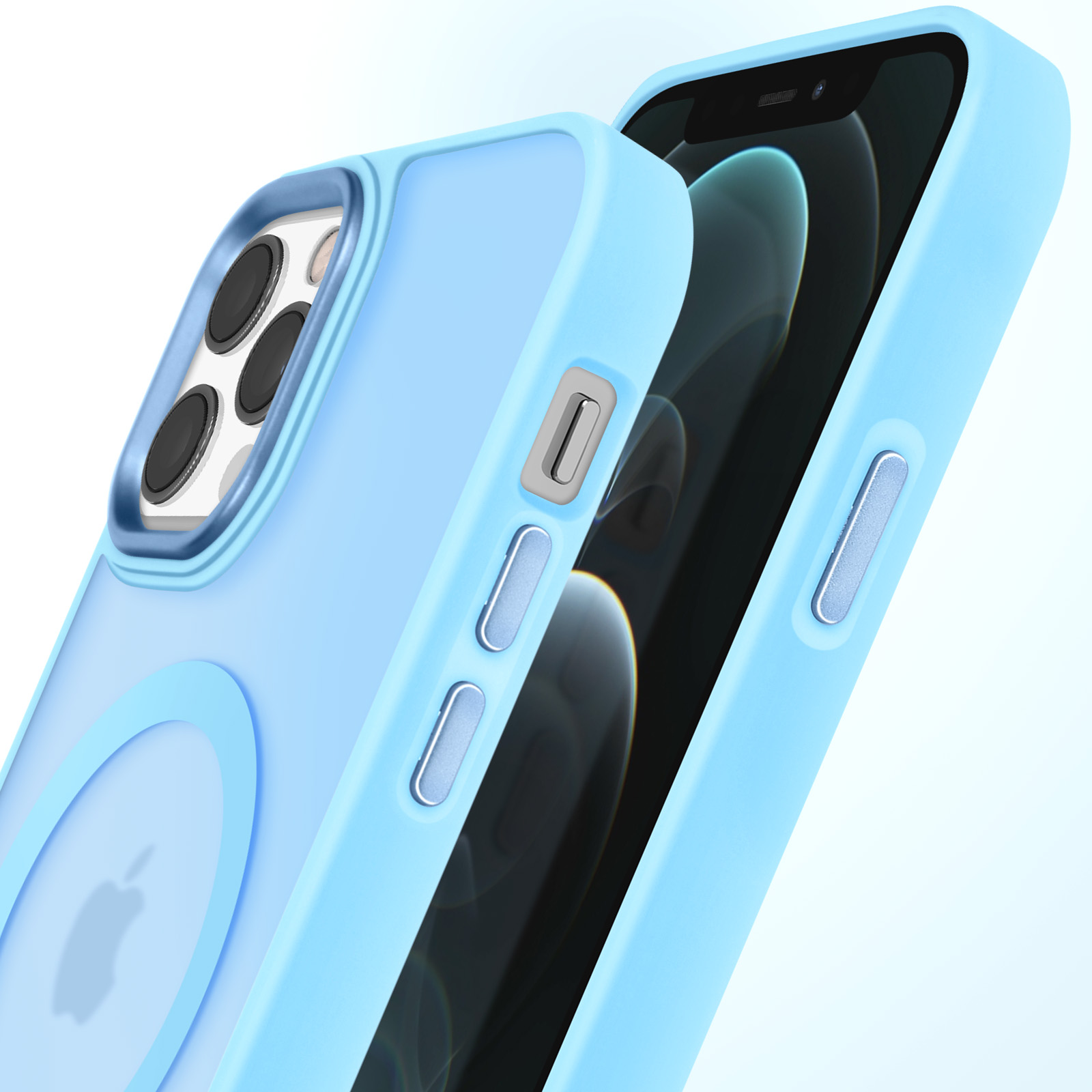 Telefono con custodia azzurra. La custodia ha un anello MagSafe. Sfondo bianco.
