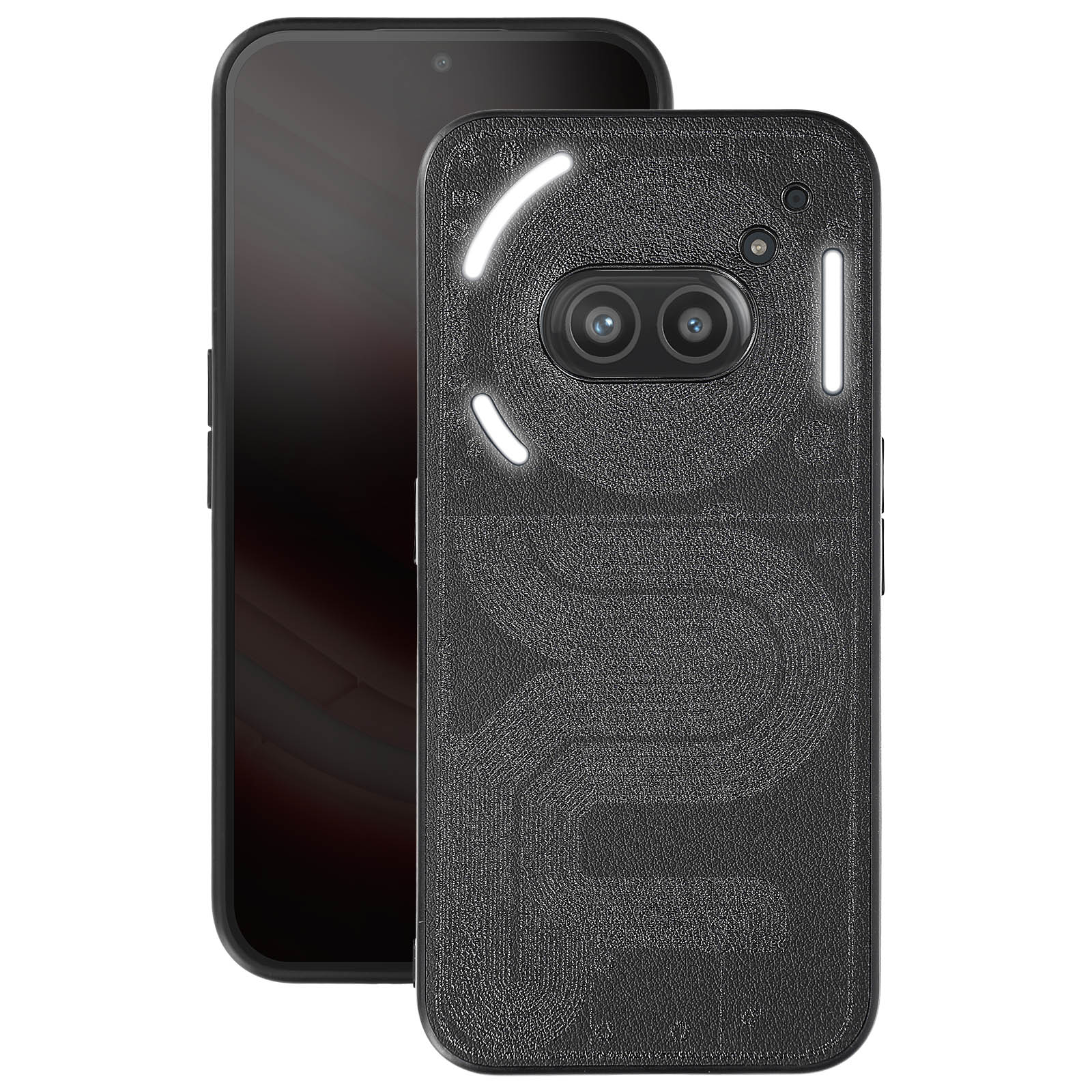 Due telefoni. Uno ha uno schermo nero, l'altro una custodia nera con un design luminoso. Sfondo nero.