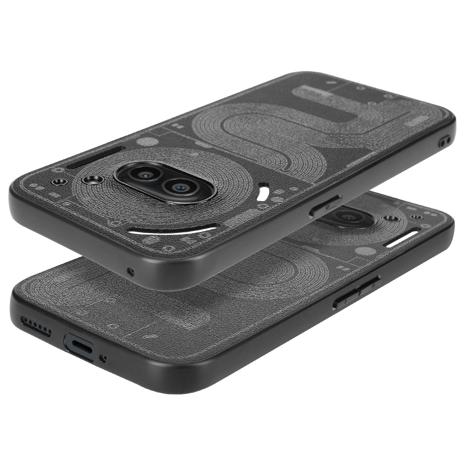 Custodie per telefono nere, quella superiore mostra un motivo, con ritagli per la fotocamera.