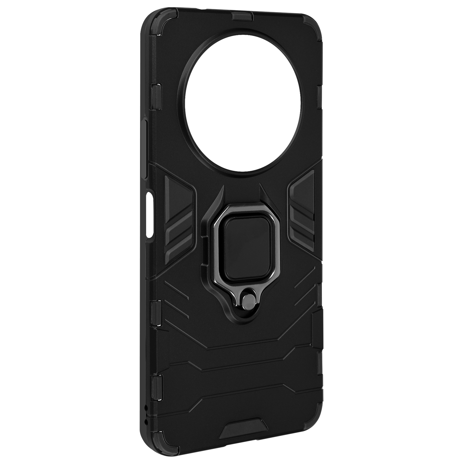 Schwarze Handyhülle mit einem Ringhalter. Das Design ist strukturiert und robust, mit einem Kreis für die Kamera.