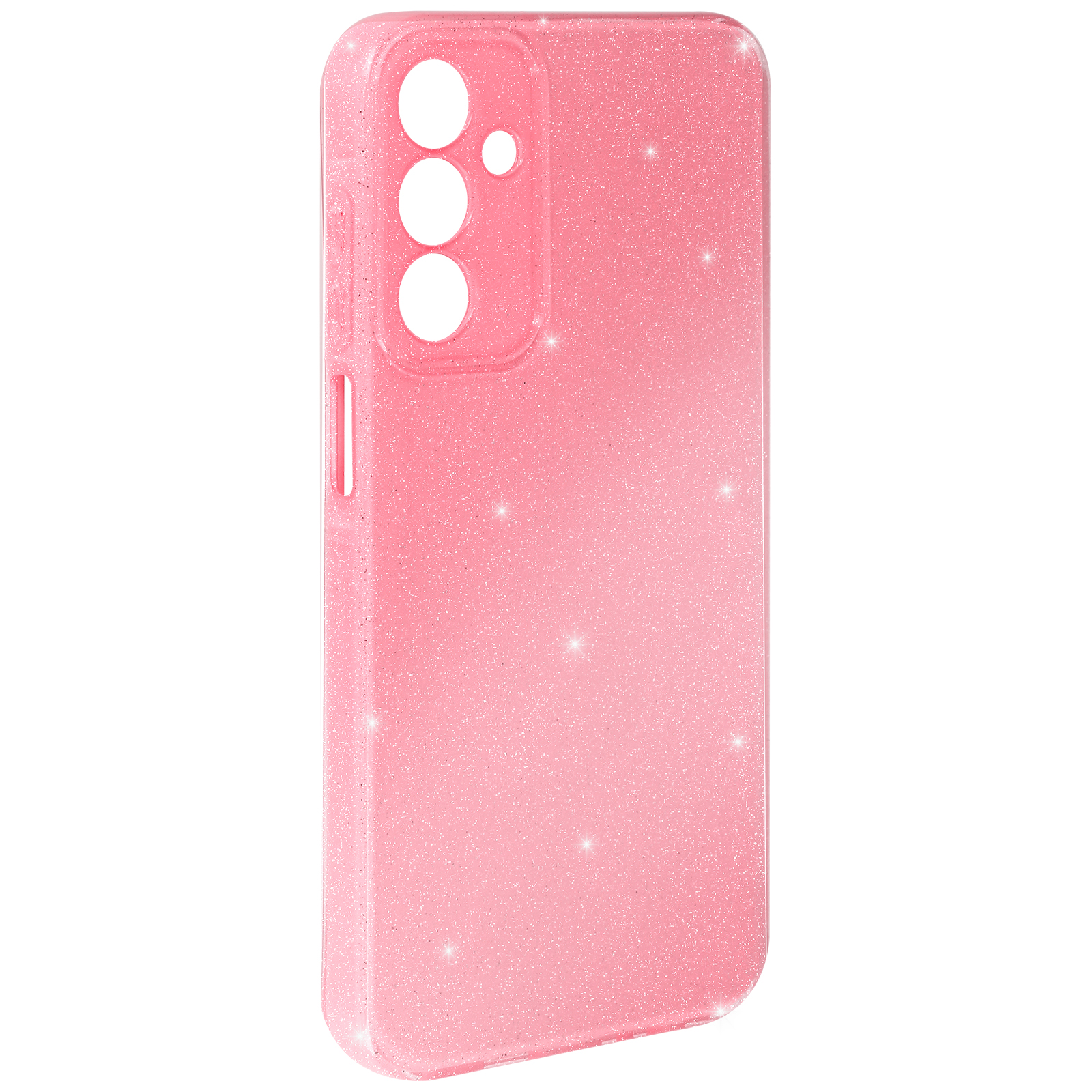 Custodia per telefono rosa glitterata con brillantini. Mostra ritagli per fotocamera e pulsanti.