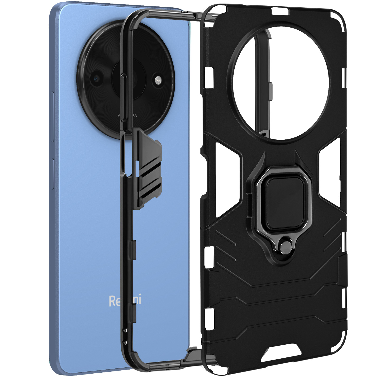Blaues Telefon mit schwarzer Handyhülle. Hülle hat Ringhalter und Aussparungen.