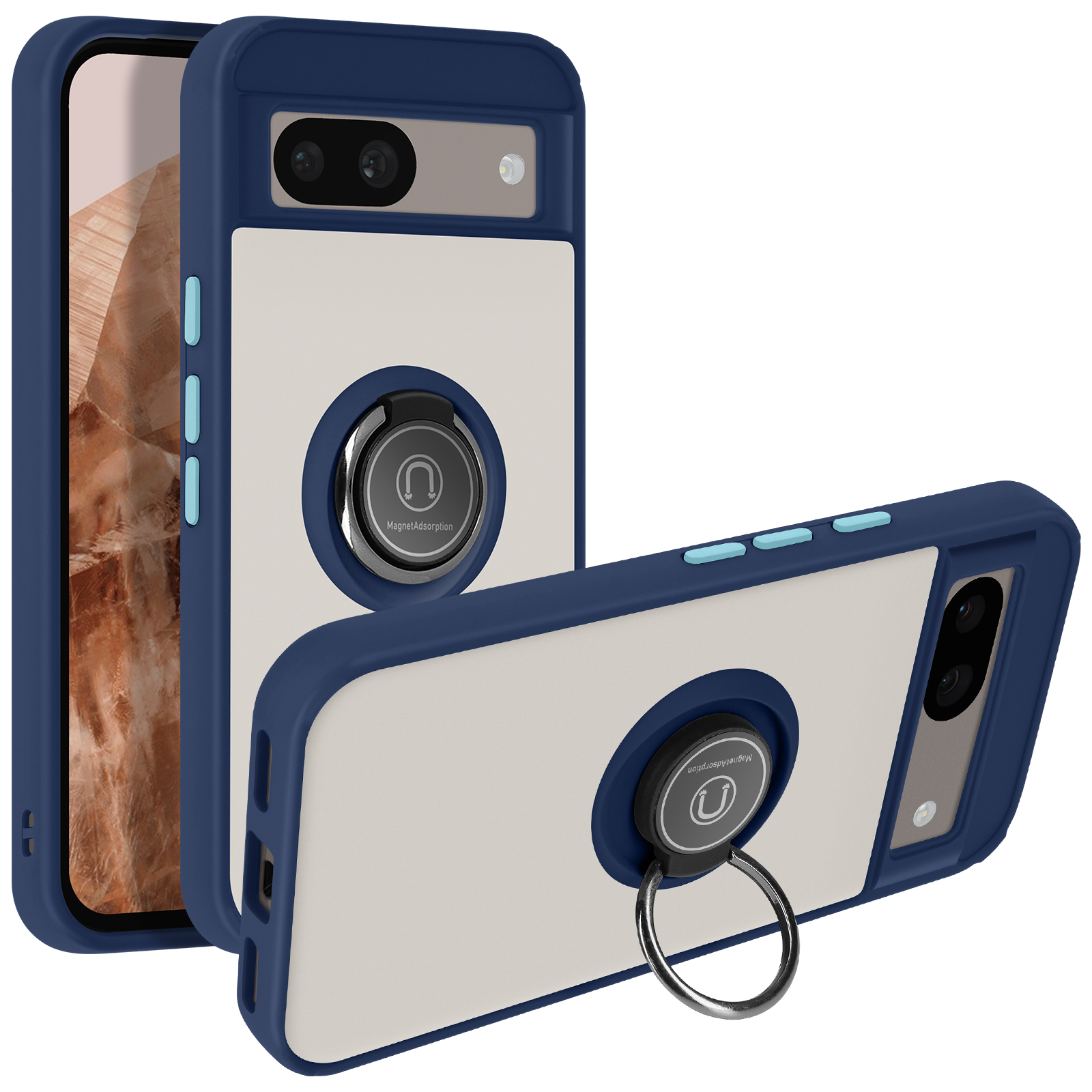 Due custodie per telefono con un telefono. Le custodie sono blu e crema. Una ha un anello.