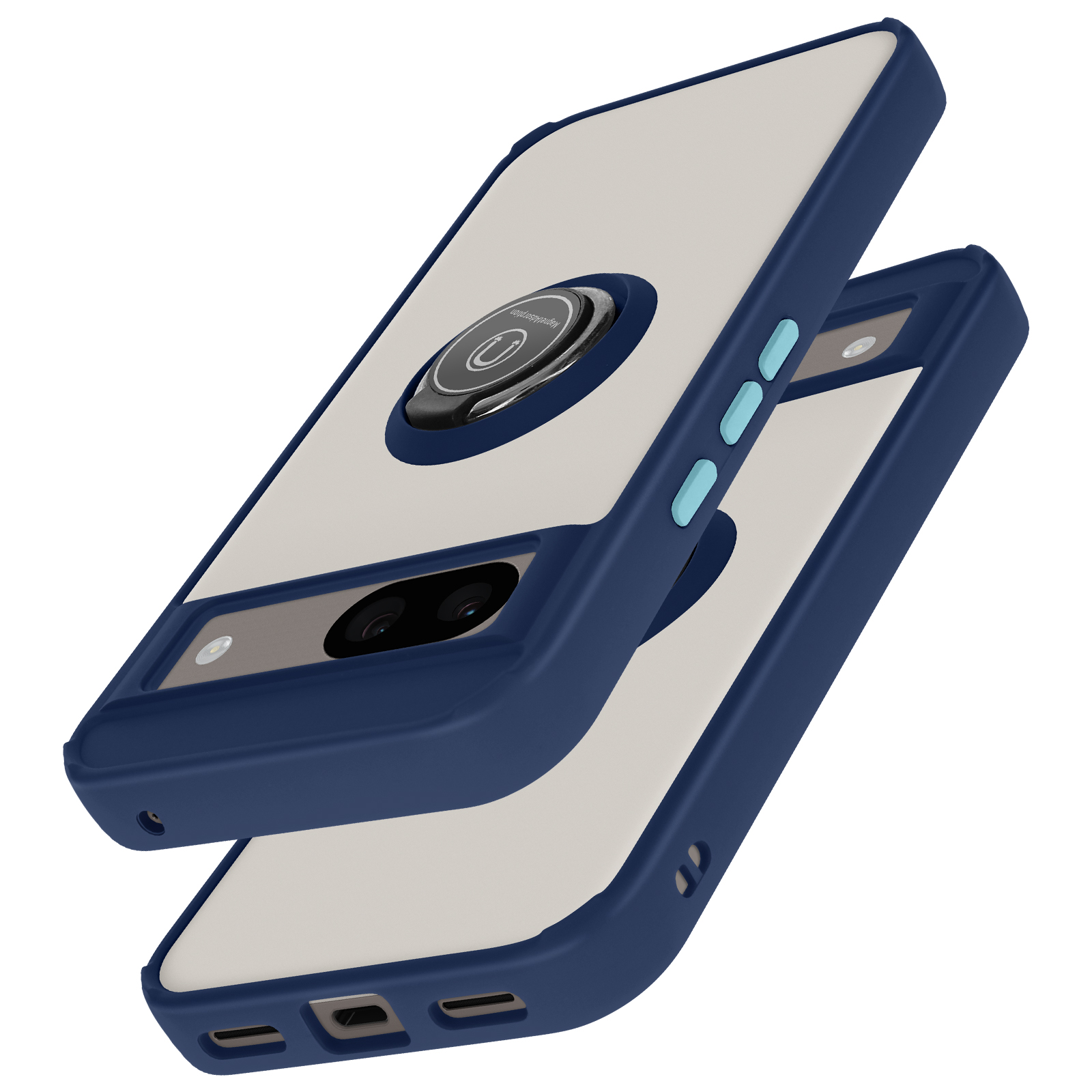 Custodia per telefono, blu navy e beige con supporto ad anello. Ha un ritaglio per la fotocamera e pulsanti laterali.