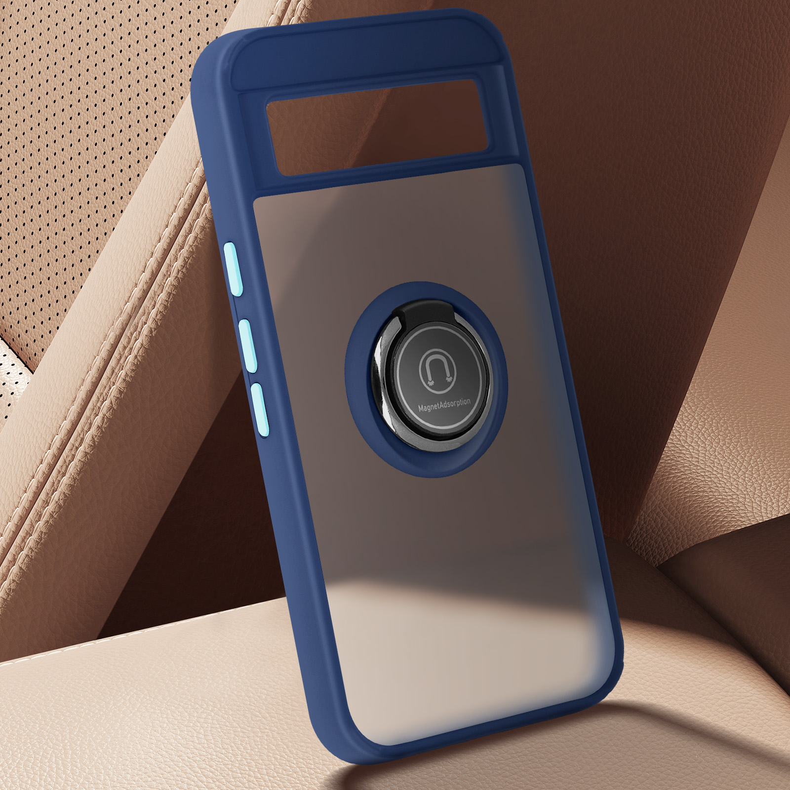Custodia per telefono blu e trasparente con supporto ad anello. Il telefono è in un seggiolino auto.