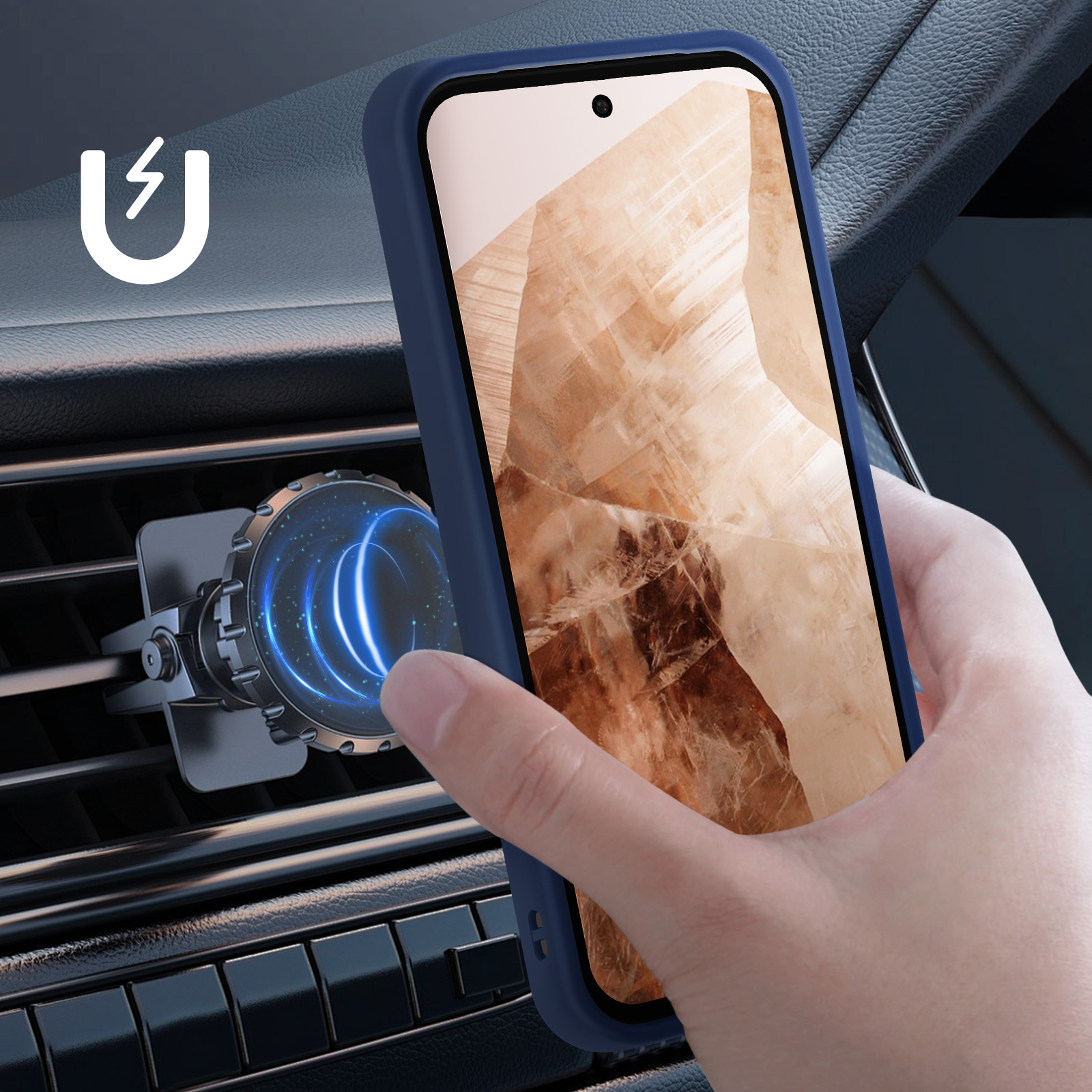 Telefono in una custodia blu. Il telefono è montato su una bocchetta dell'auto con un supporto magnetico.