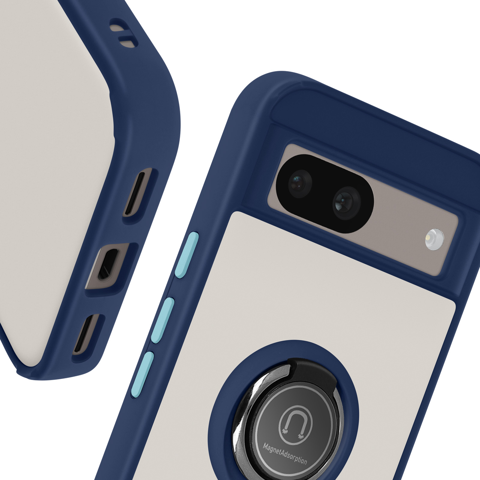 Custodia per telefono con supporto ad anello e design bianco e blu.