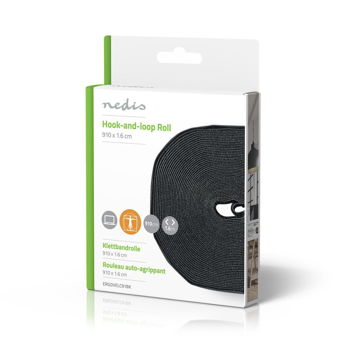 Schwarze Klettbandrolle in weißer Box. Text: Klettbandrolle. Weißer Hintergrund.