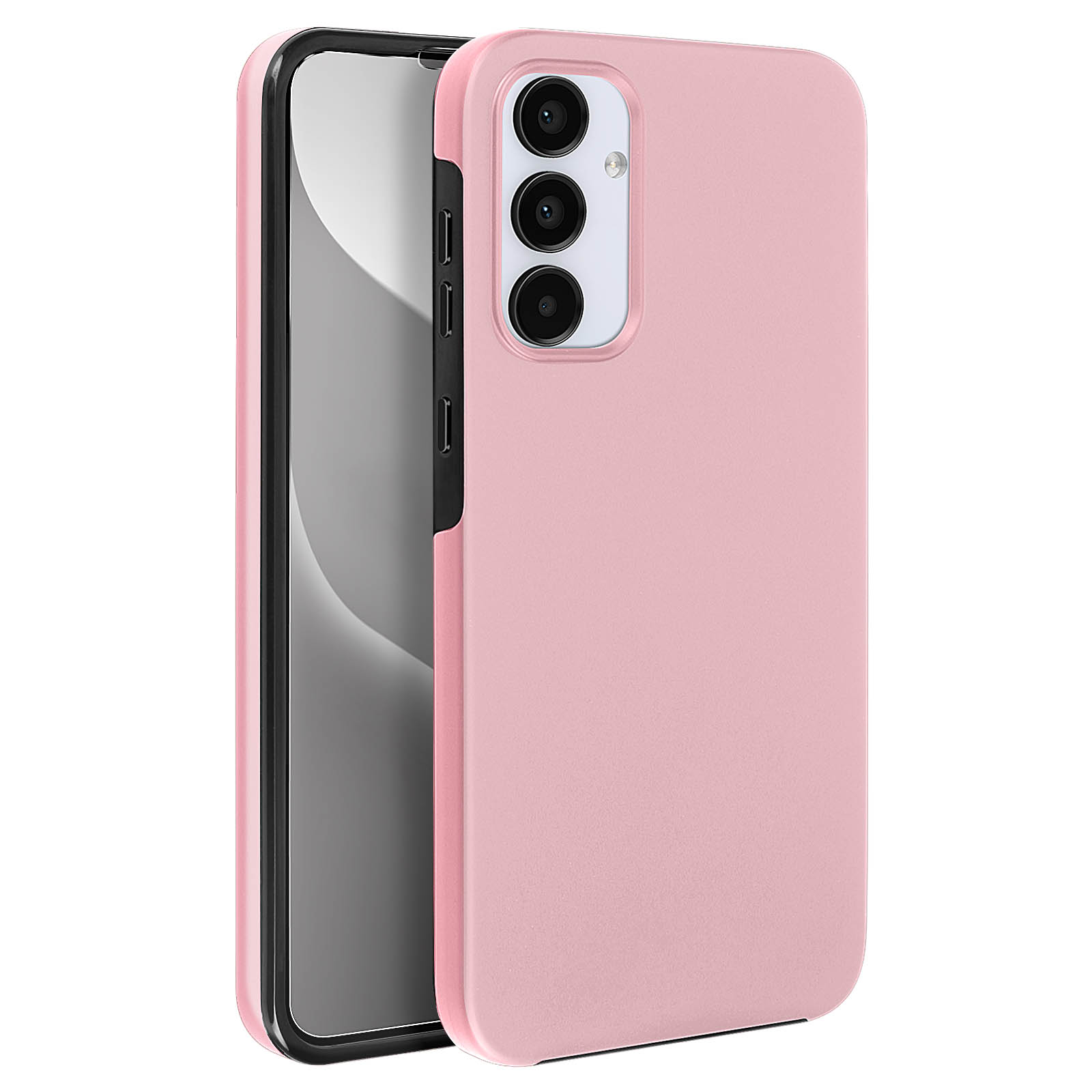 Custodia rosa per telefono con cornice nera. Telefono all'interno. Tre fotocamere visibili.