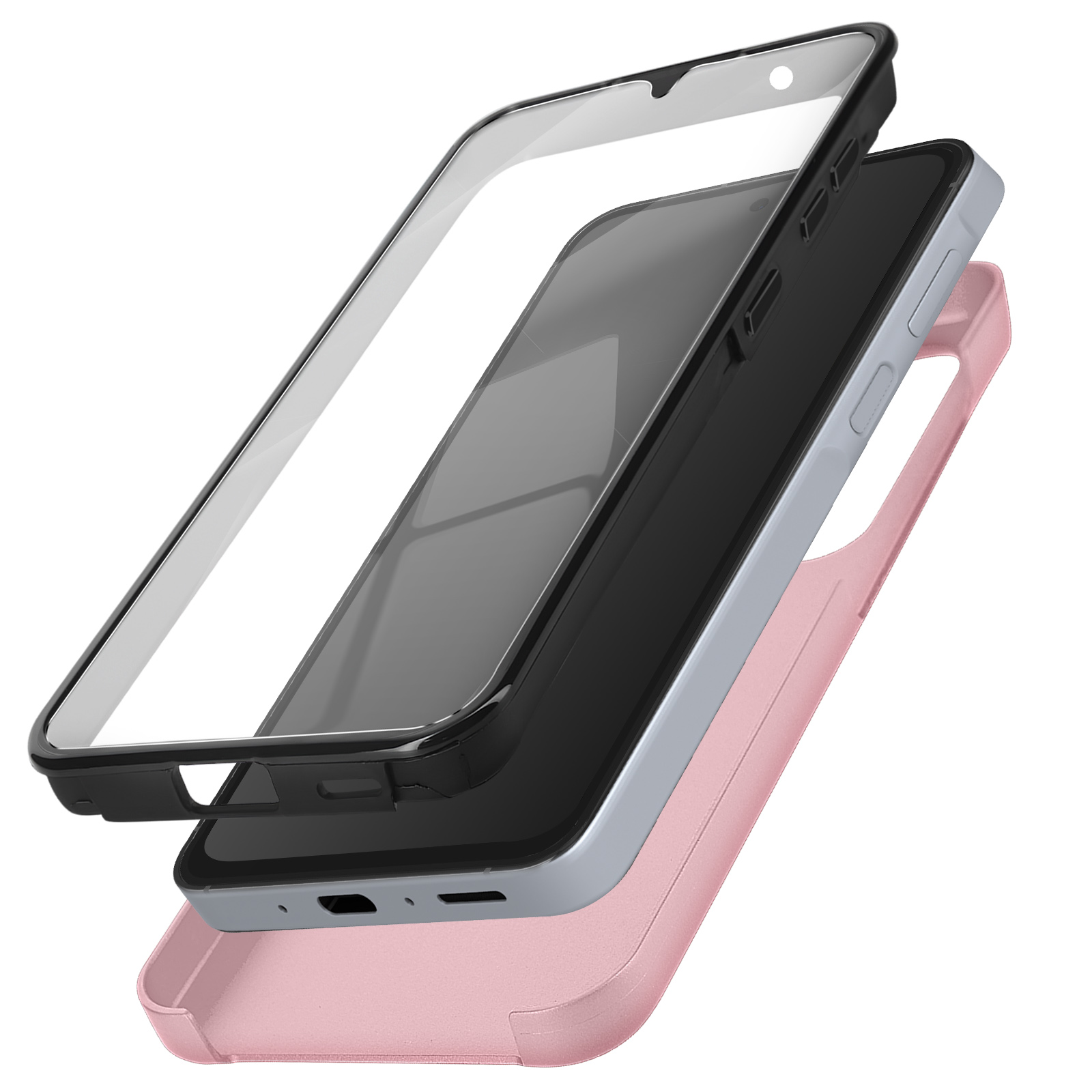 Strati di telefono e custodia. Telefono nero tra una custodia rosa e trasparente. Sfondo bianco.