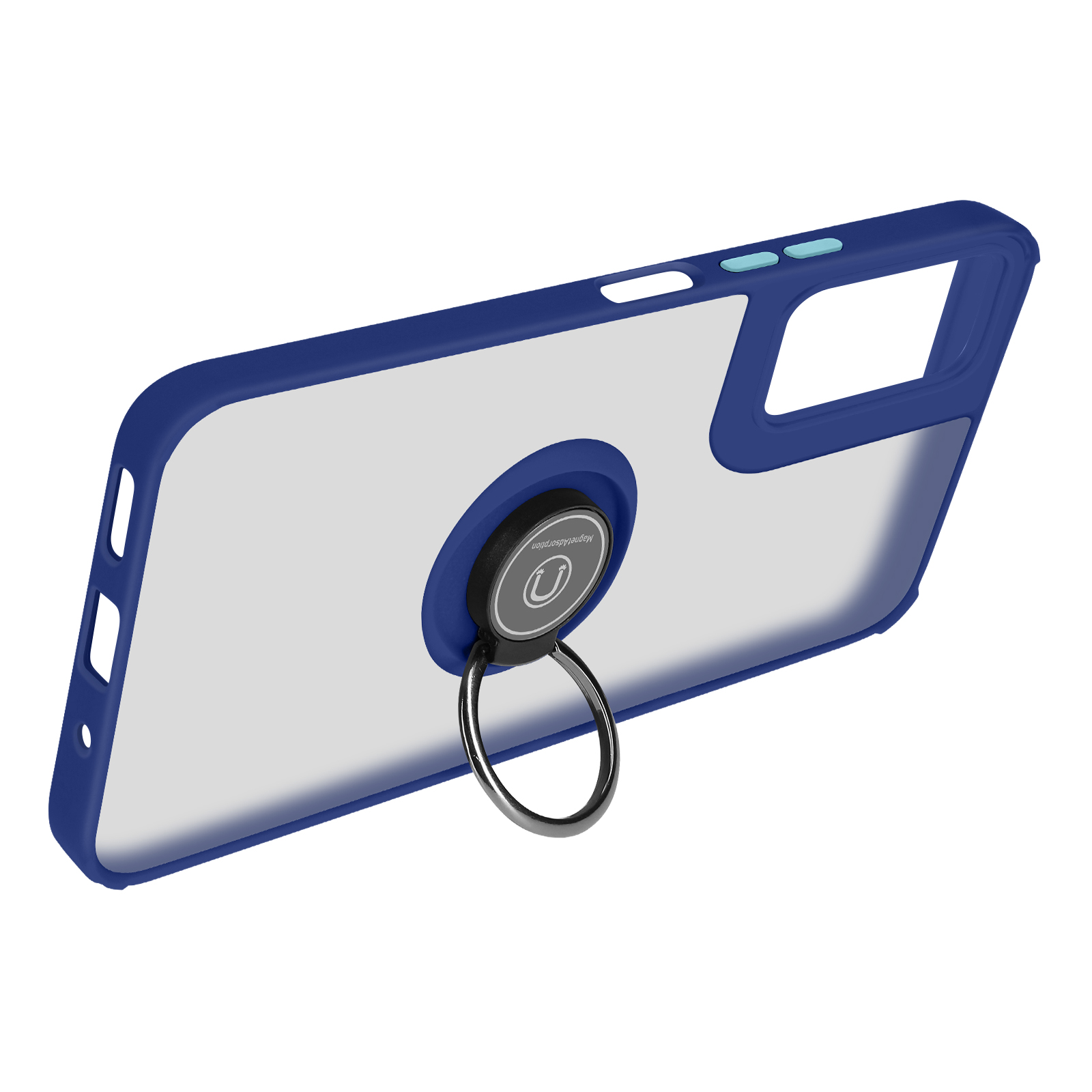 Eine blaue Handyhülle mit einem Ringhalter auf einer transparenten Handyhülle.