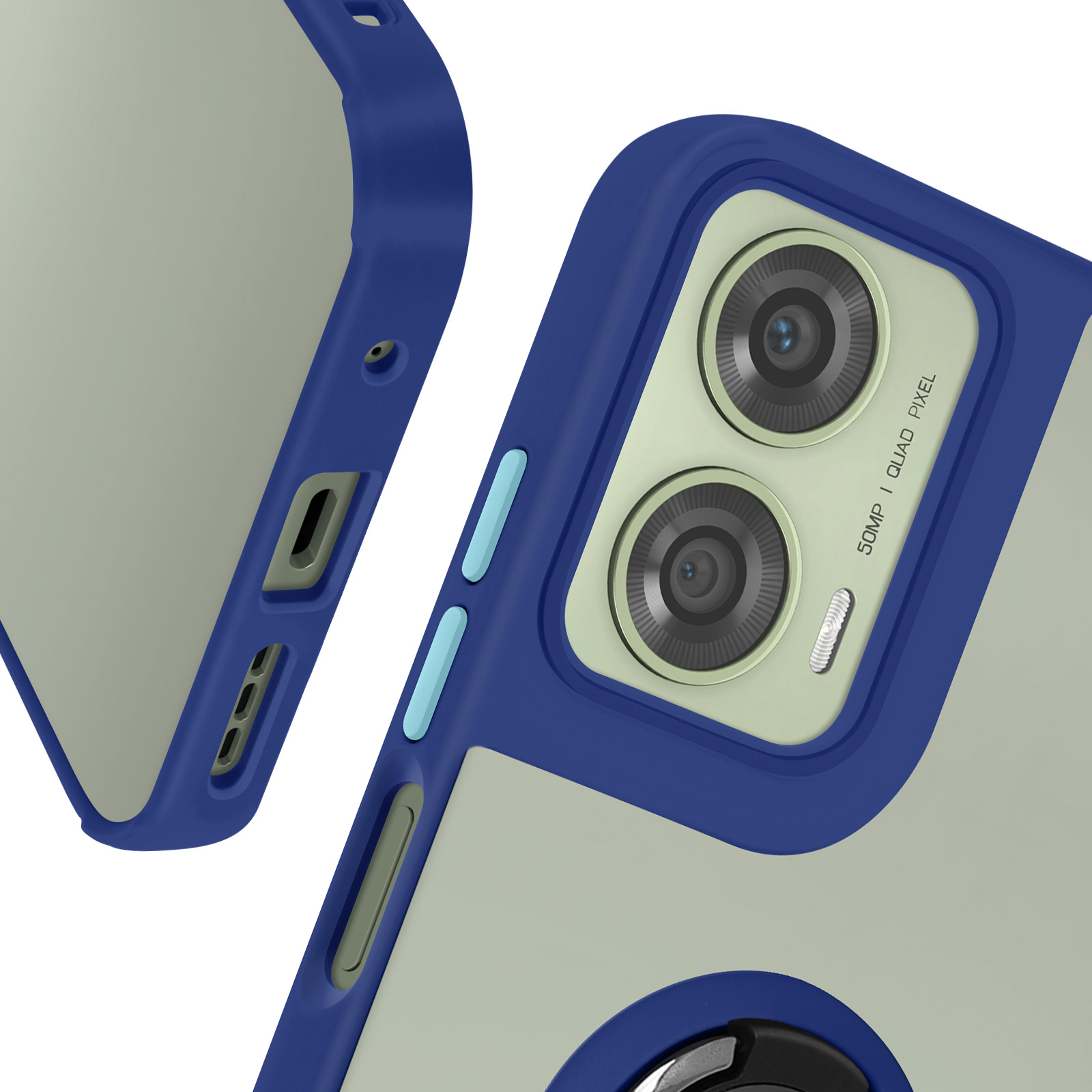 Detail der Handyhülle mit blau und hellgrau. Die Kamera hat einen blauen Rahmen.