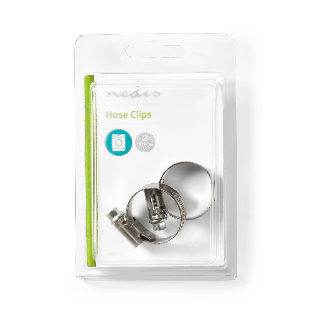 Hose clips in a package, showing two silver clamps in a transparent plastic case.