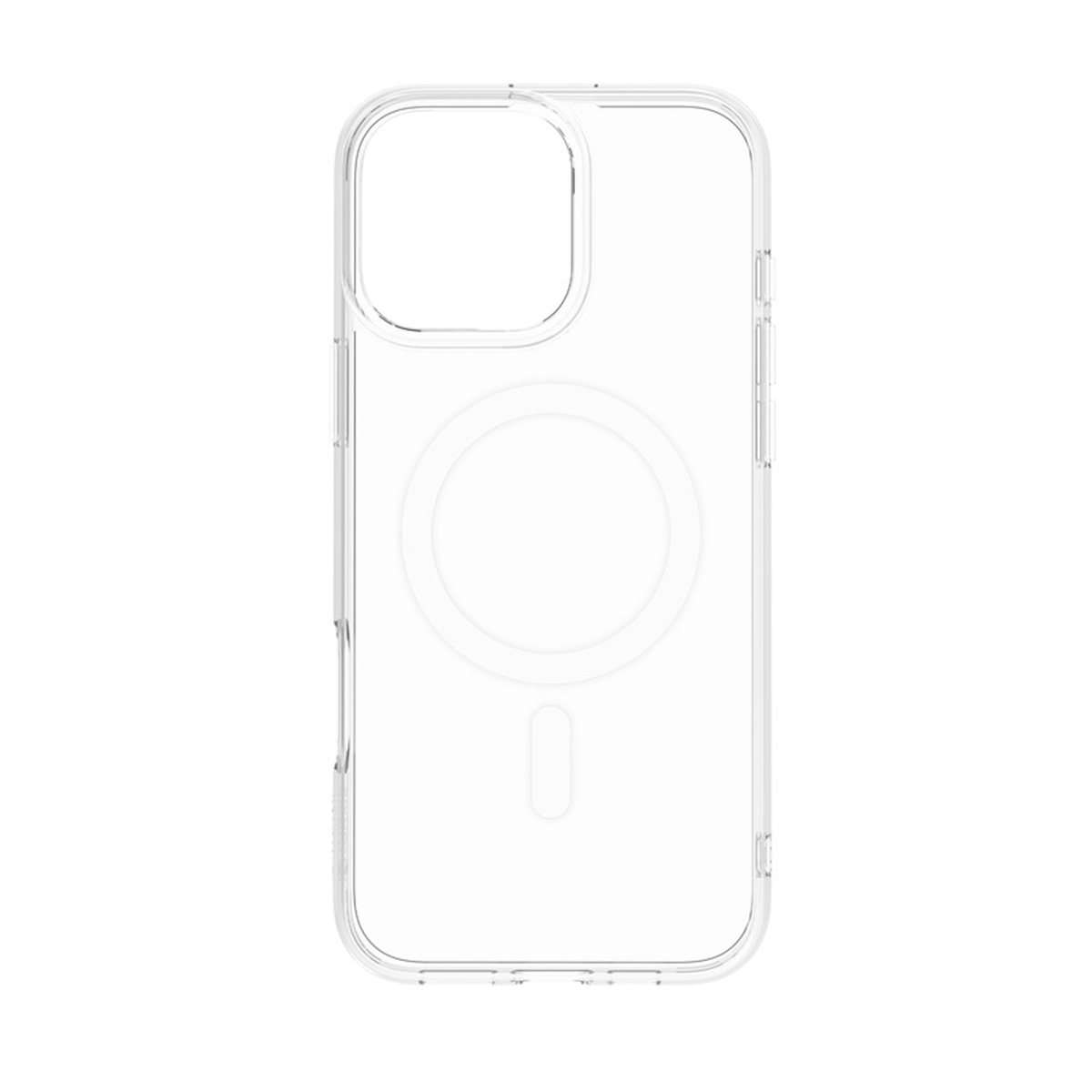 Una custodia trasparente per telefono con un cerchio magnetico e un ritaglio.