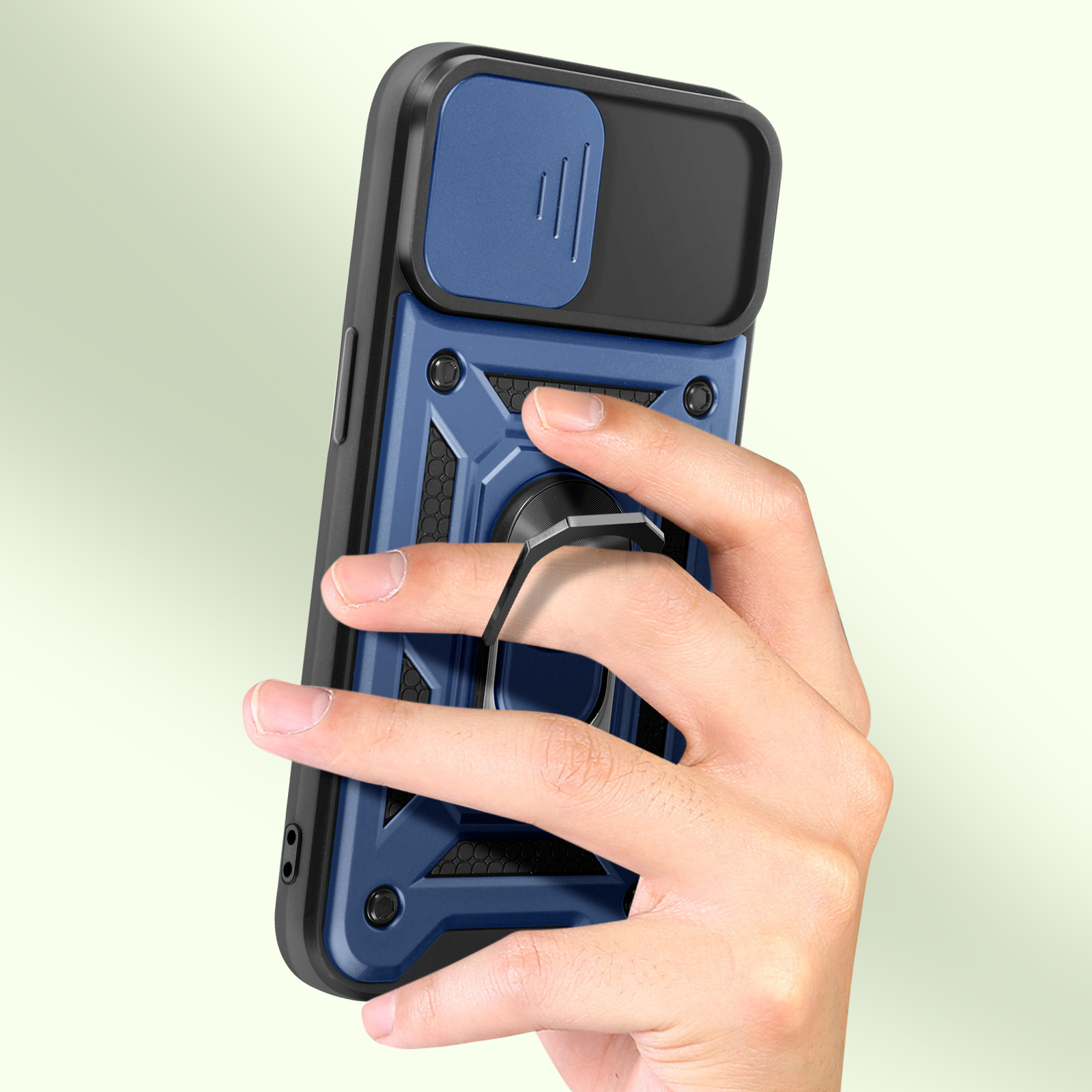 Custodia blu e nera con anello. Una mano tiene il telefono.
