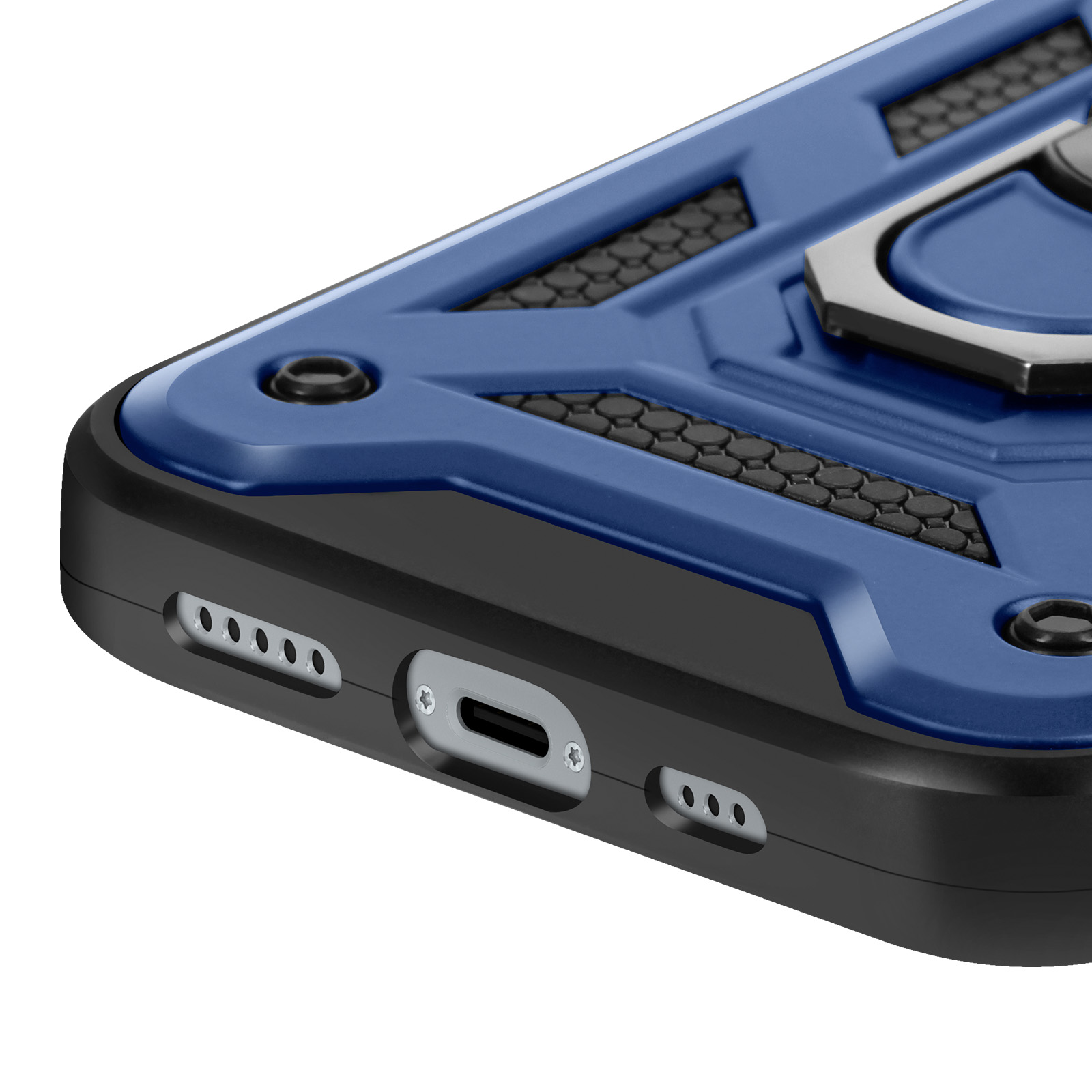 Custodia per telefono con un design blu e nero. La custodia ha un supporto ad anello.