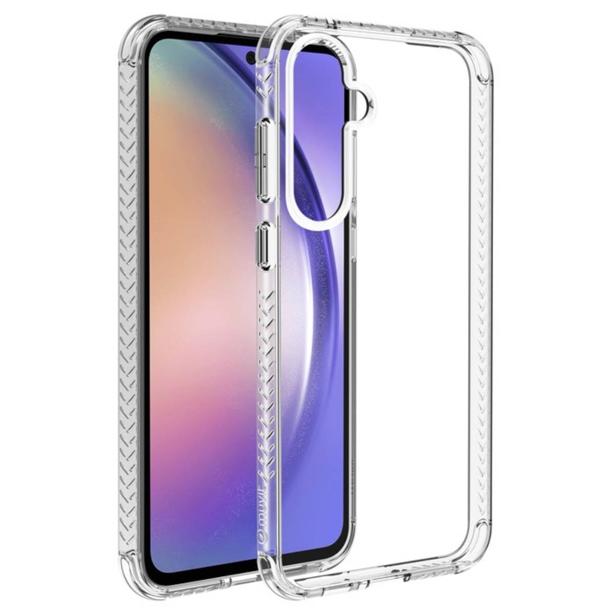 Custodia trasparente con telefono all'interno. La custodia ha un bordo a motivi. Telefono su sfondo bianco.